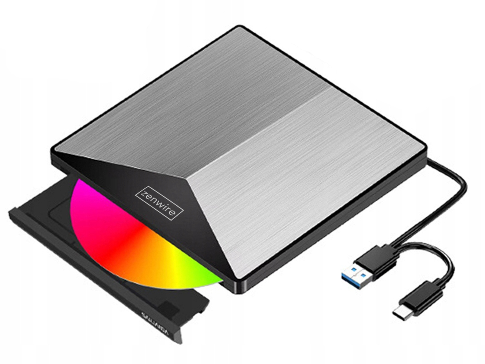 Srebrna i czarna przenośna nagrywarka DVD z częściowo włożoną płytą, podłączona kablem USB.