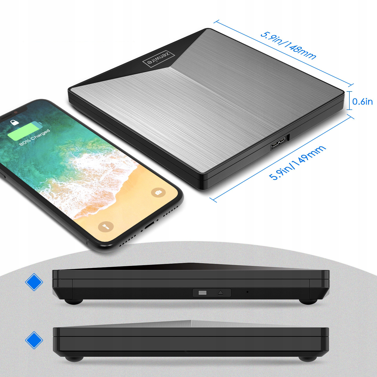 Srebrno-czarne urządzenie z bezprzewodowo ładującym się telefonem, z wymiarami.