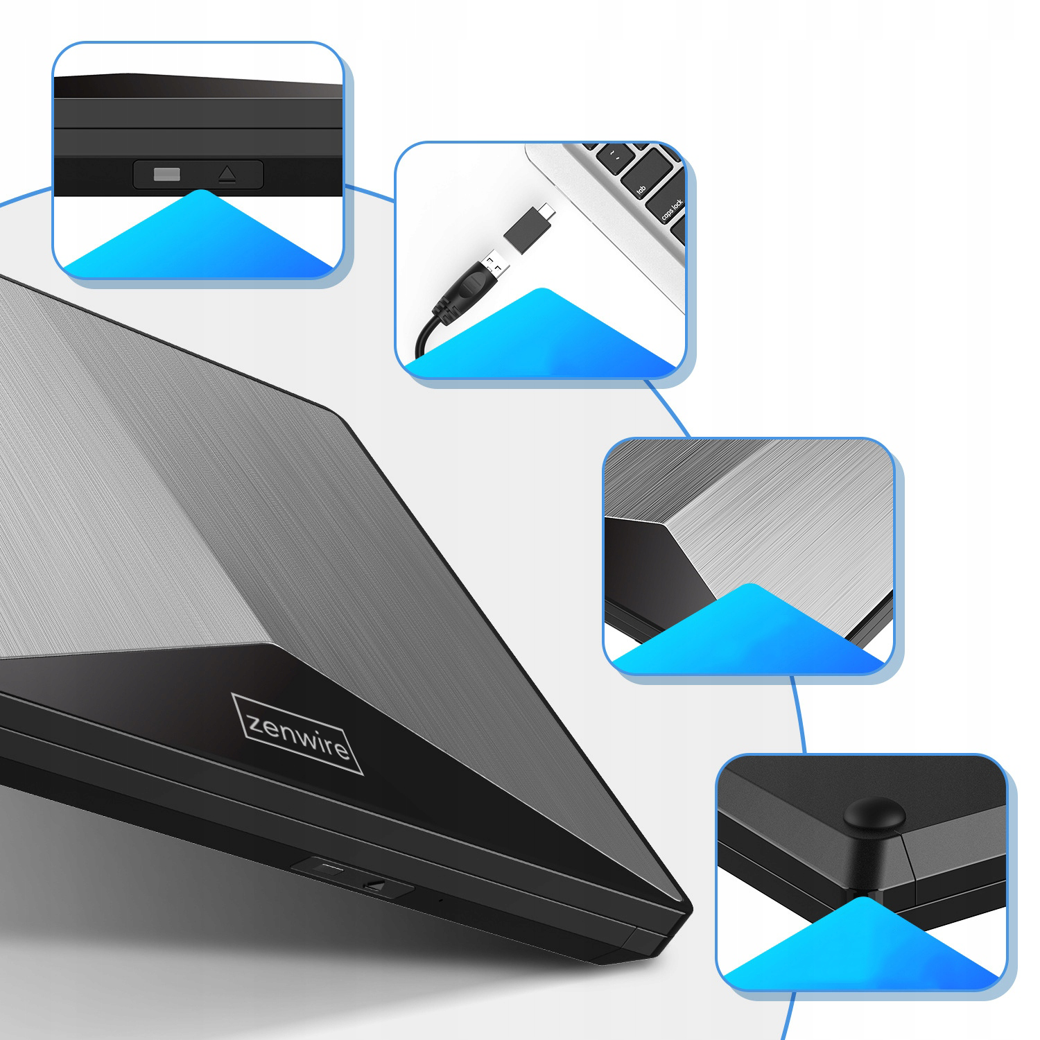 Czarno-srebrne urządzenie ze zbliżeniami i wstawionymi obrazami. Pokazuje różne kąty i przyciski.