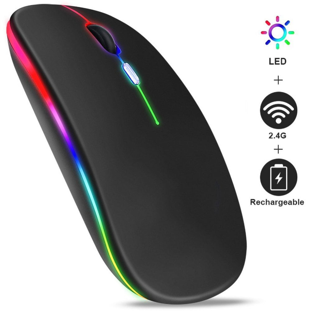 Schwarze kabellose Maus mit Regenbogen-LED-Lichtern, 2,4G-Symbol und wiederaufladbarem Symbol.
