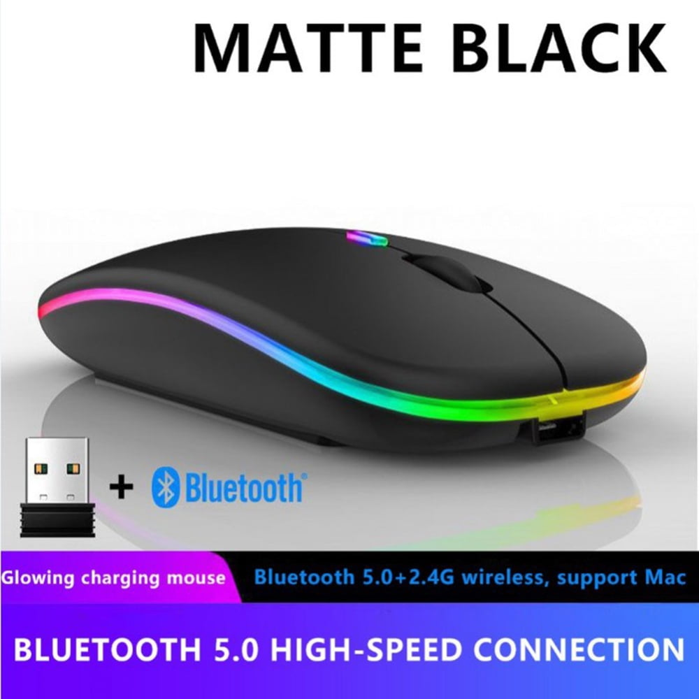 Mattschwarze kabellose Maus mit RGB-Beleuchtung und Bluetooth-Konnektivität.