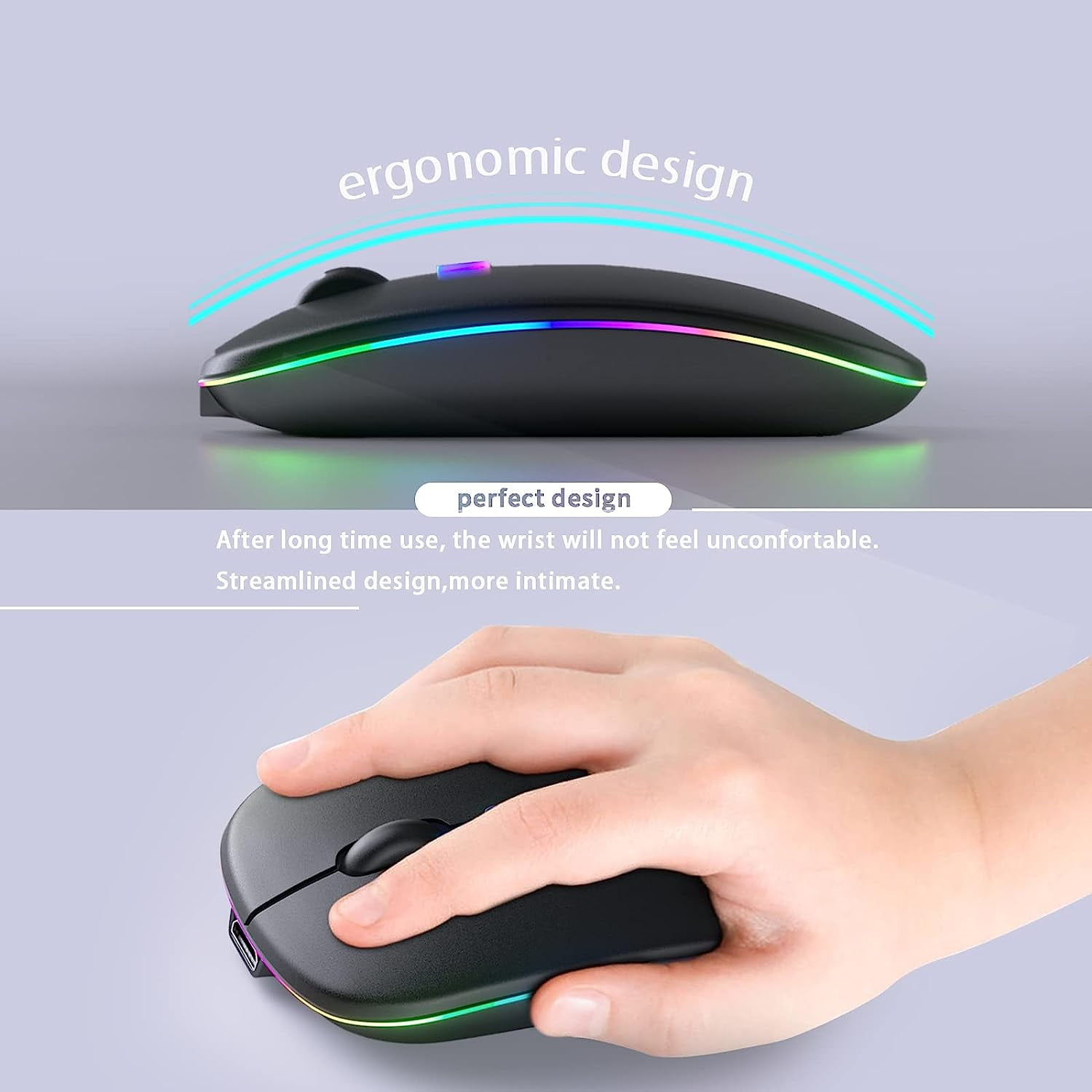 Eine schwarze ergonomische Maus mit einem Regenbogenlicht um die Kanten. Der untere Teil zeigt eine Hand, die die Maus hält.