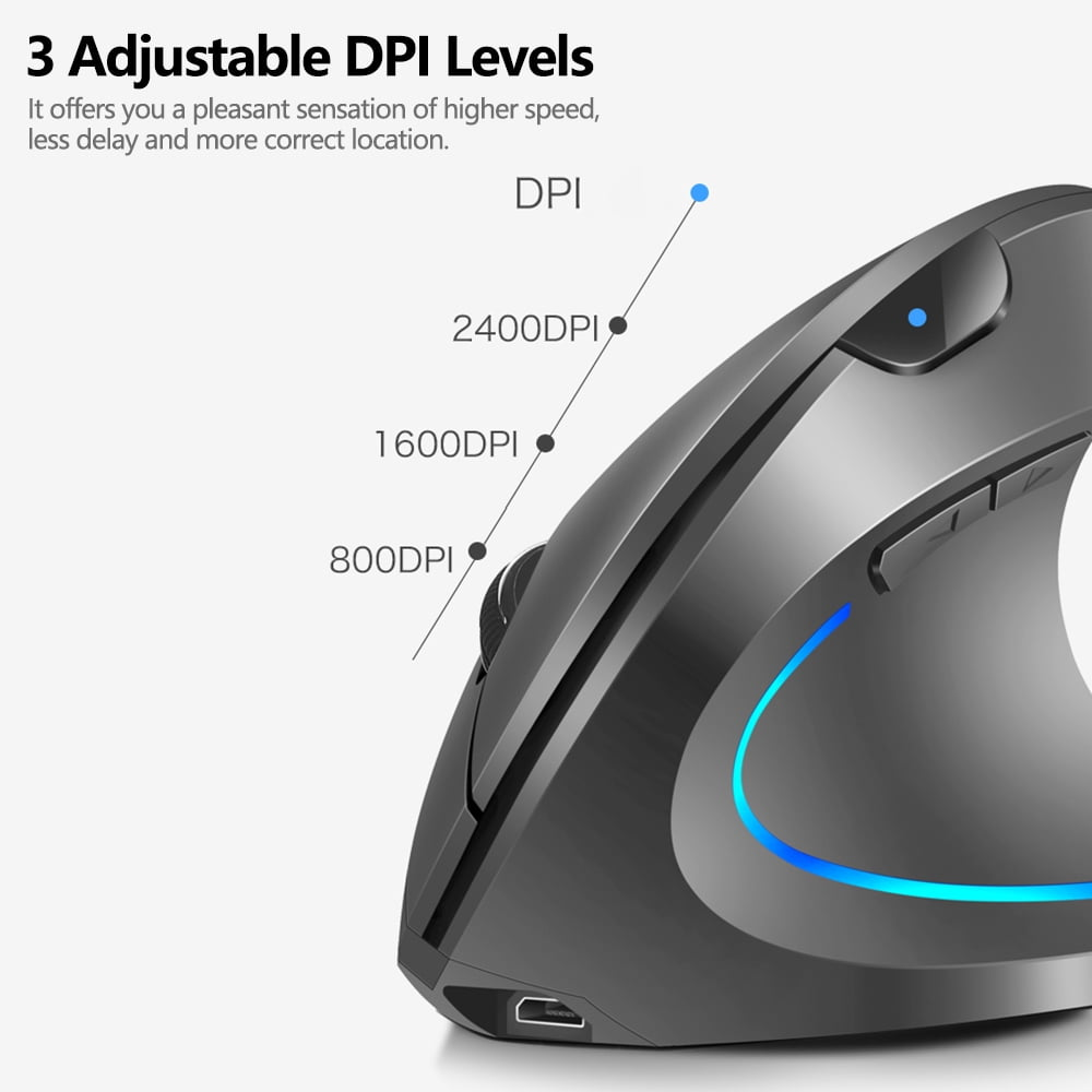 Ergonomische graue Maus mit einstellbaren DPI-Stufen. Text zeigt 3 DPI-Stufen: 800, 1600, 2400.
