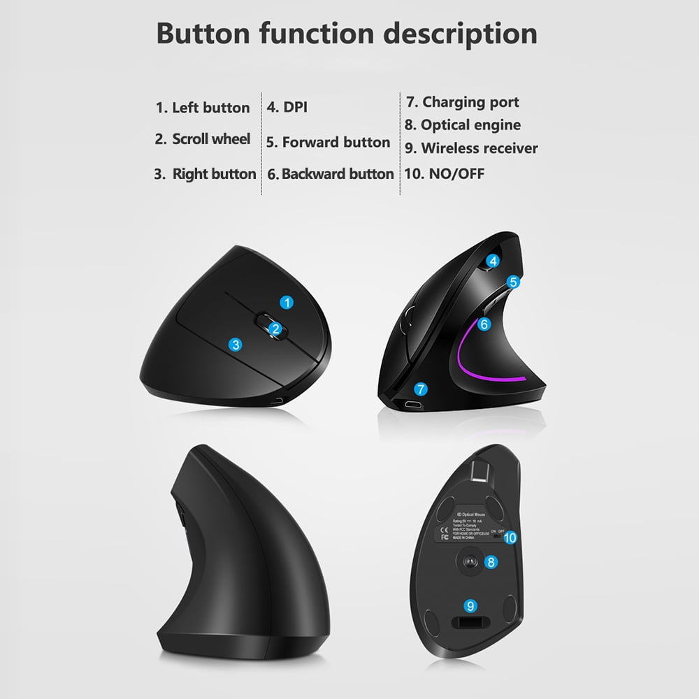 Diagramm einer schwarzen ergonomischen Maus, das die Tastenfunktionen zeigt.