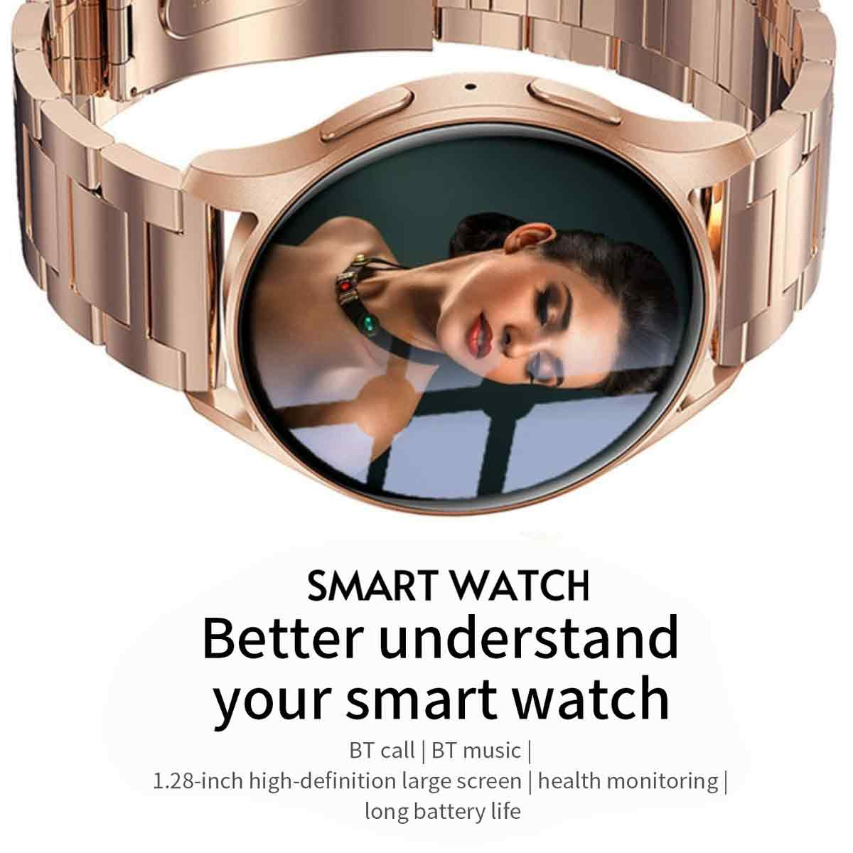 Eine roségoldene Smartwatch mit einem Frauenbild auf dem Bildschirm.