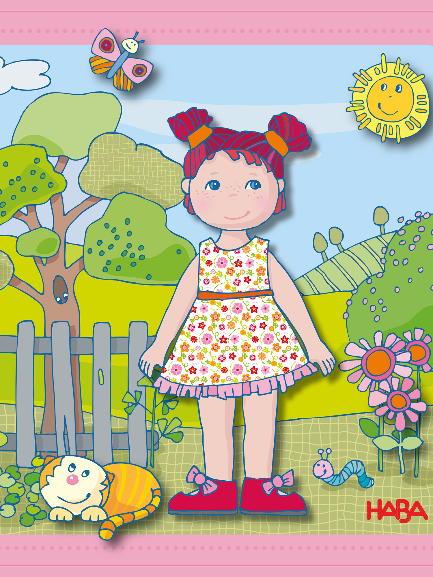 Cartoonbild eines Mädchens in einem Blumenkleid in einem Garten mit Katze, Schmetterling und Sonne.