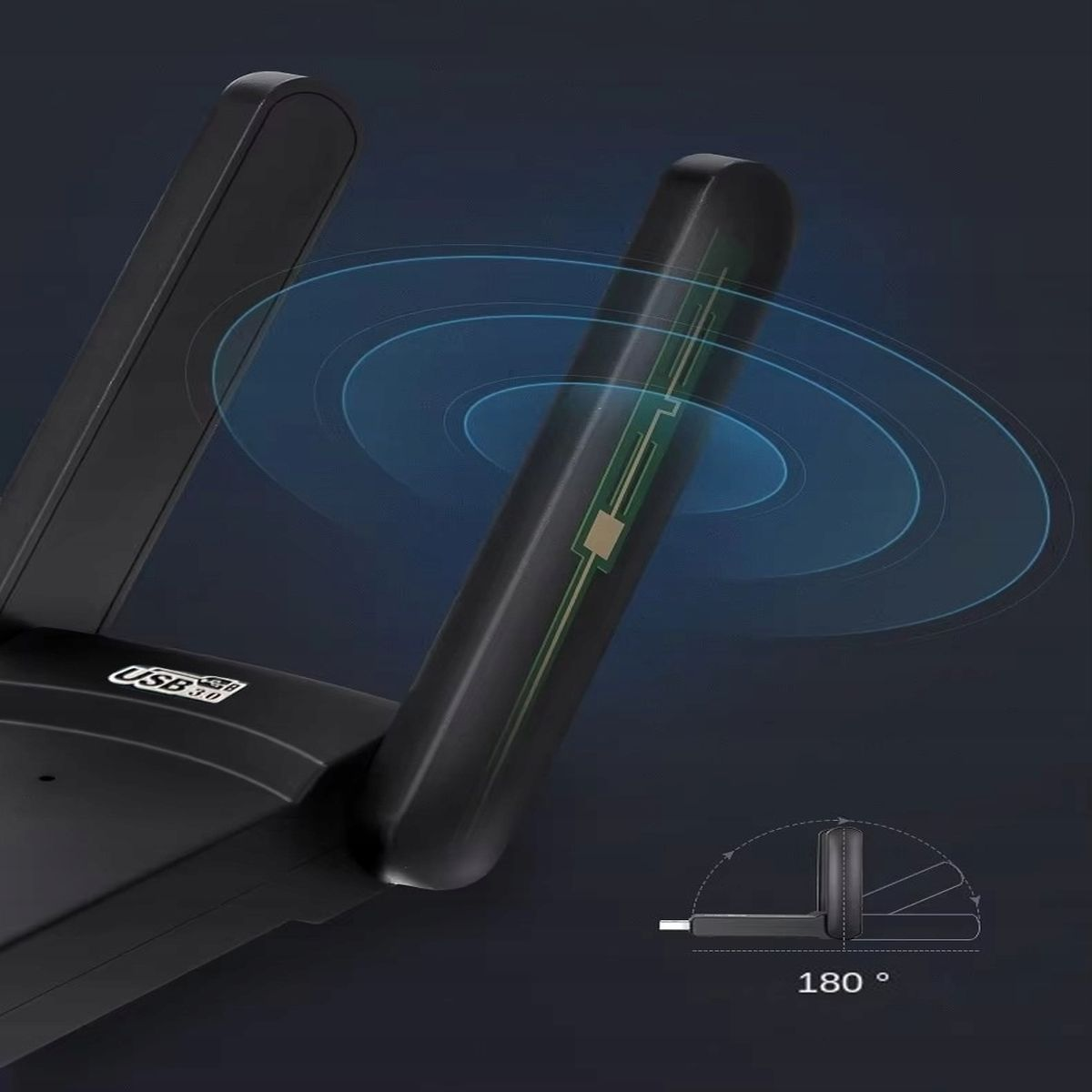 Zbliżenie czarnej anteny Wi-Fi z niebieskimi liniami sygnału i schematem zgięcia 180 stopni.