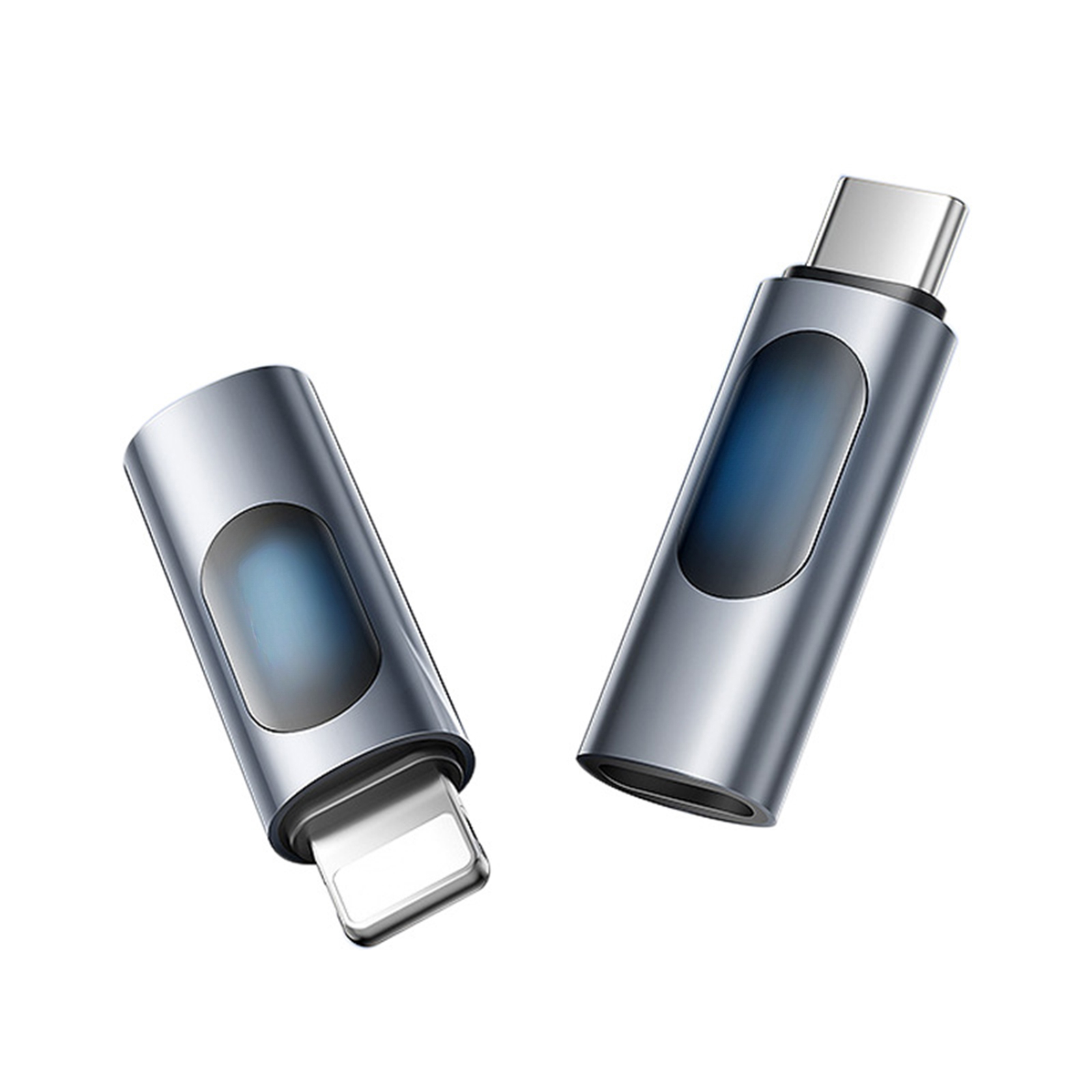 Zwei metallgraue USB-Adapter, einer für das iPhone und einer für USB-C.