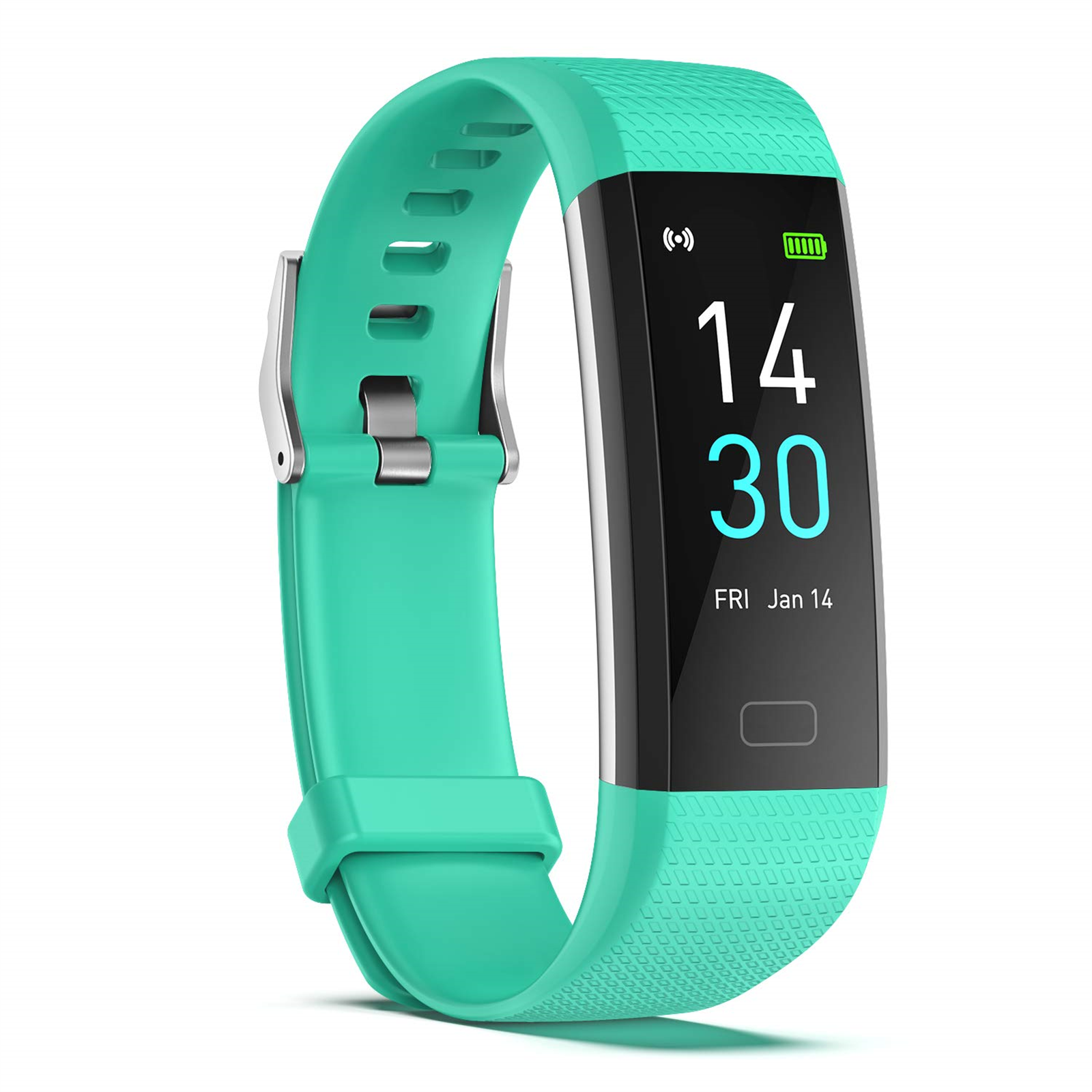 Türkisfarbene Fitness-Tracker-Uhr, die Zeit und Akkulaufzeit anzeigt, mit türkisfarbenem Armband.