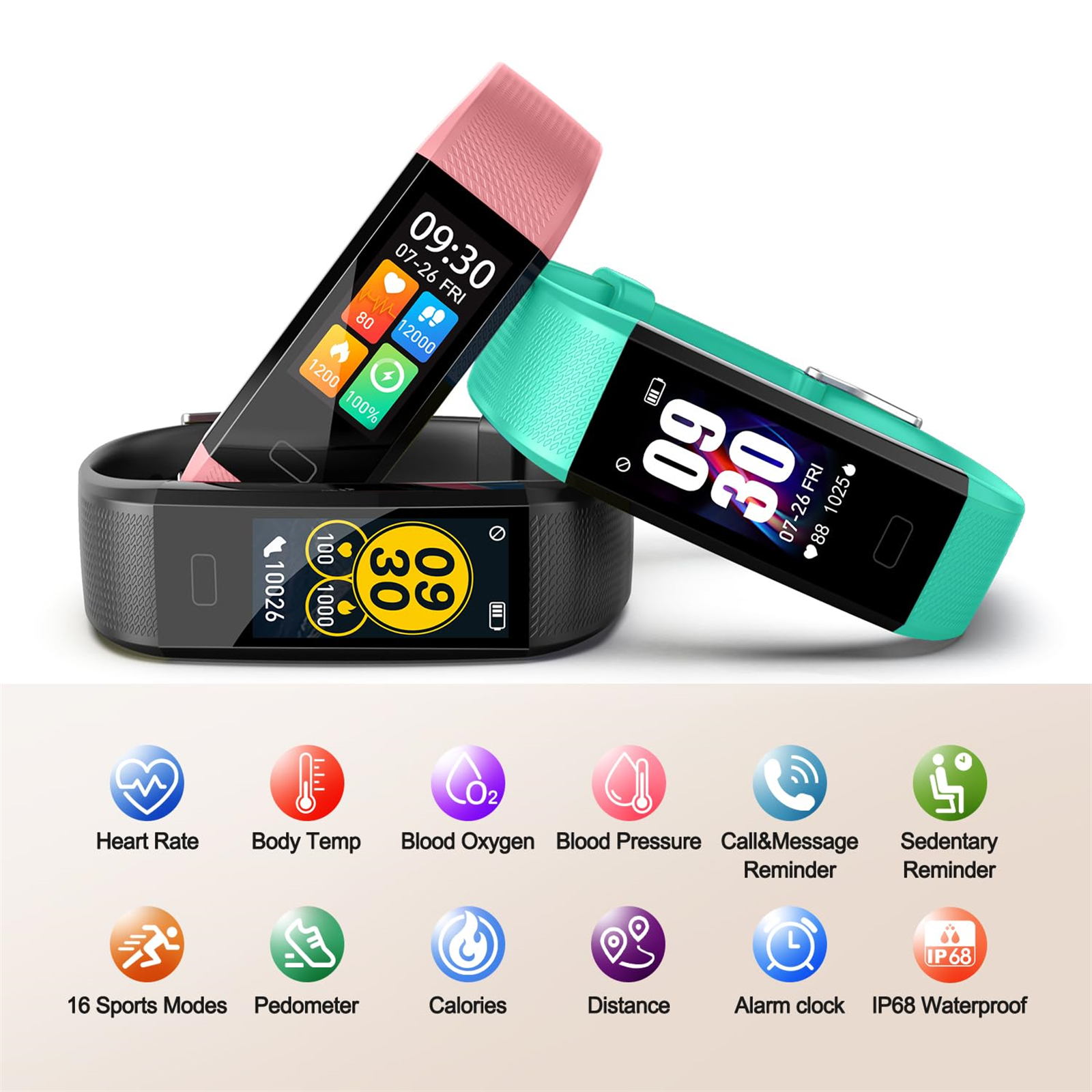 Smartwatches, rosa, grün und schwarz, mit Symbolen für Funktionen.