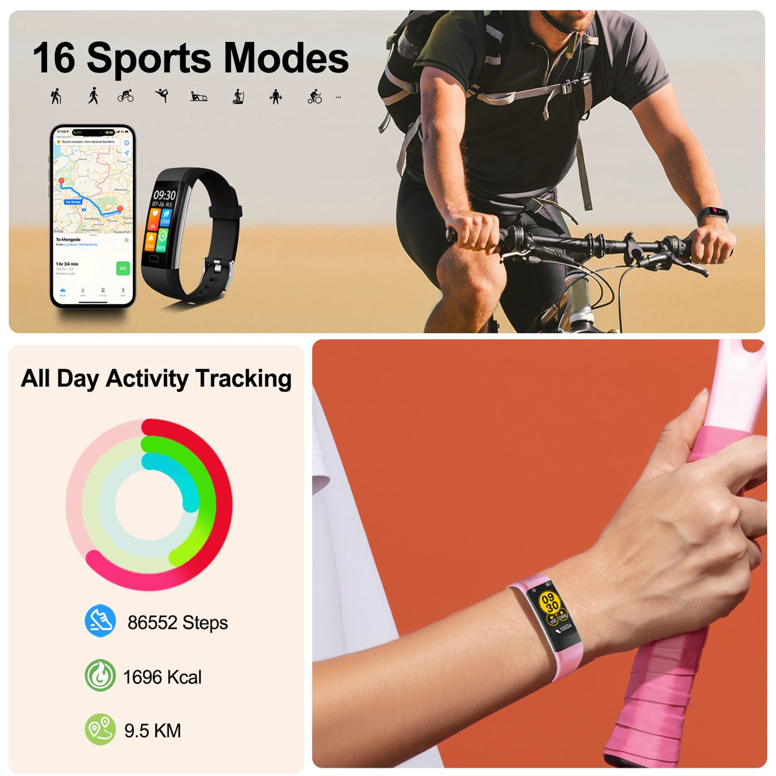 Smartwatch mit Aktivitätstracking-Funktionen und Statistiken. Person beim Radfahren mit Uhr.