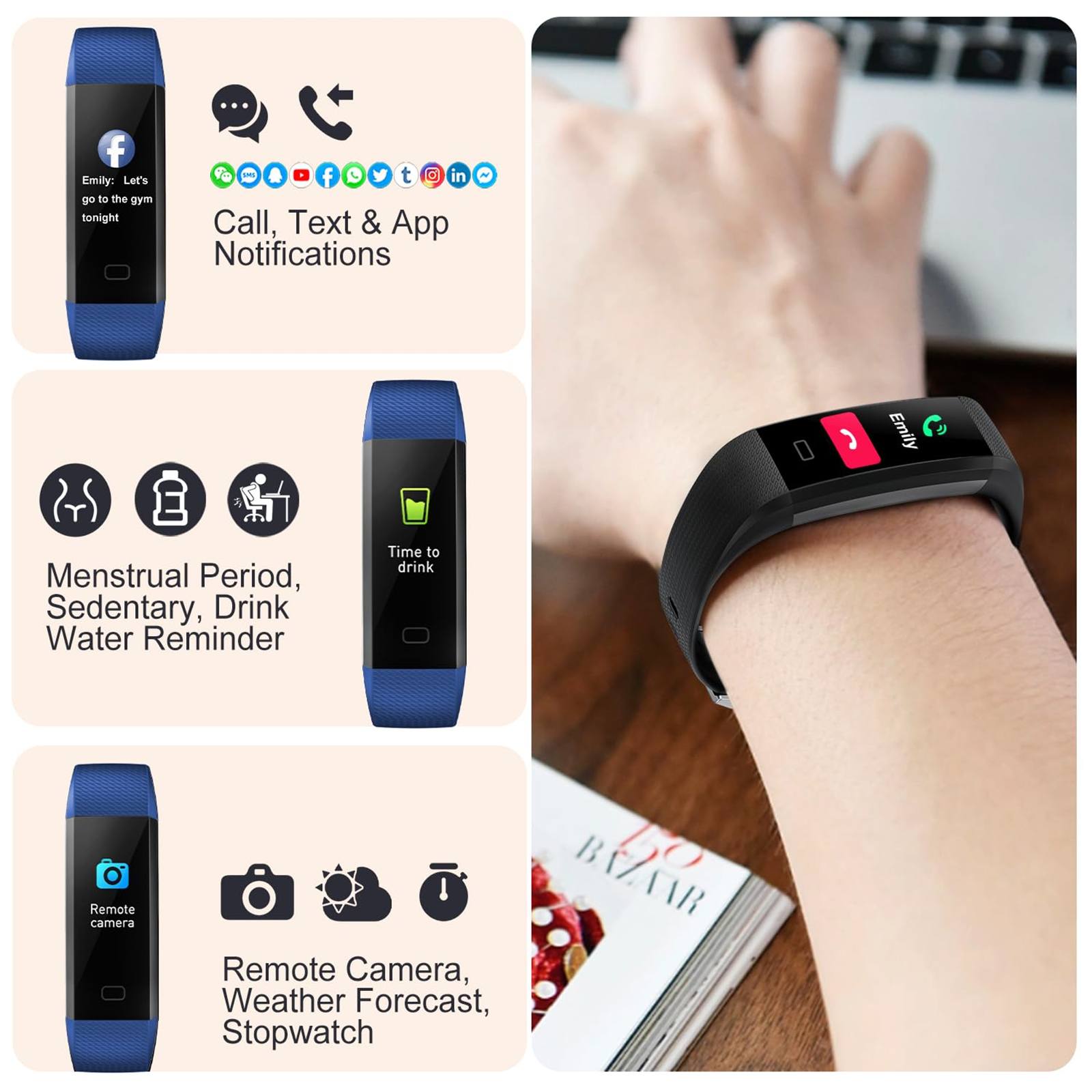 Eine Collage von Bildern, die eine blaue Smartwatch mit schwarzem Armband zeigen. Zeigt App-, Anruf-, Text- und Gesundheitsfunktionen.