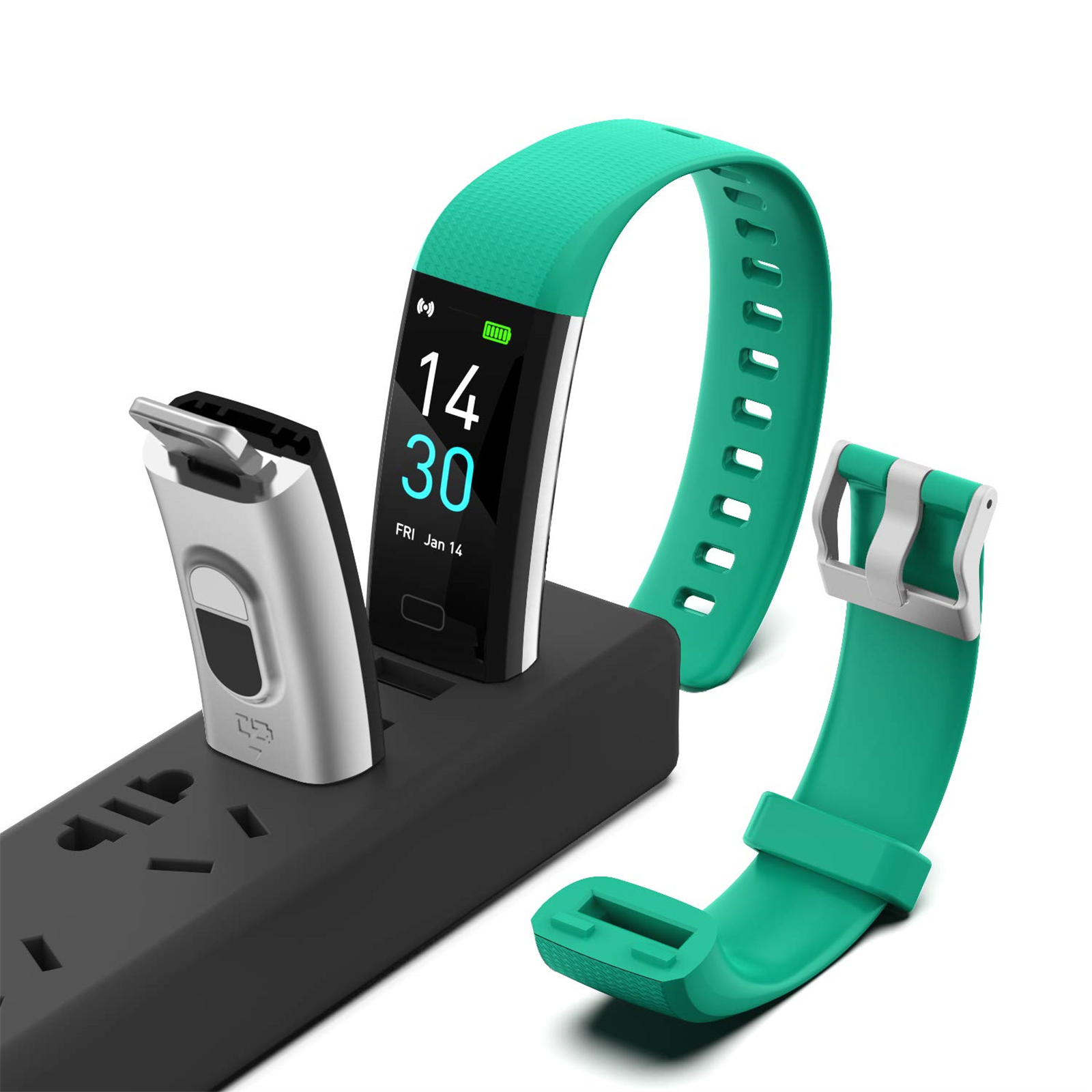 Grüner Fitnesstracker und Ladestation. Ein Ersatzarmband liegt neben dem Ständer.