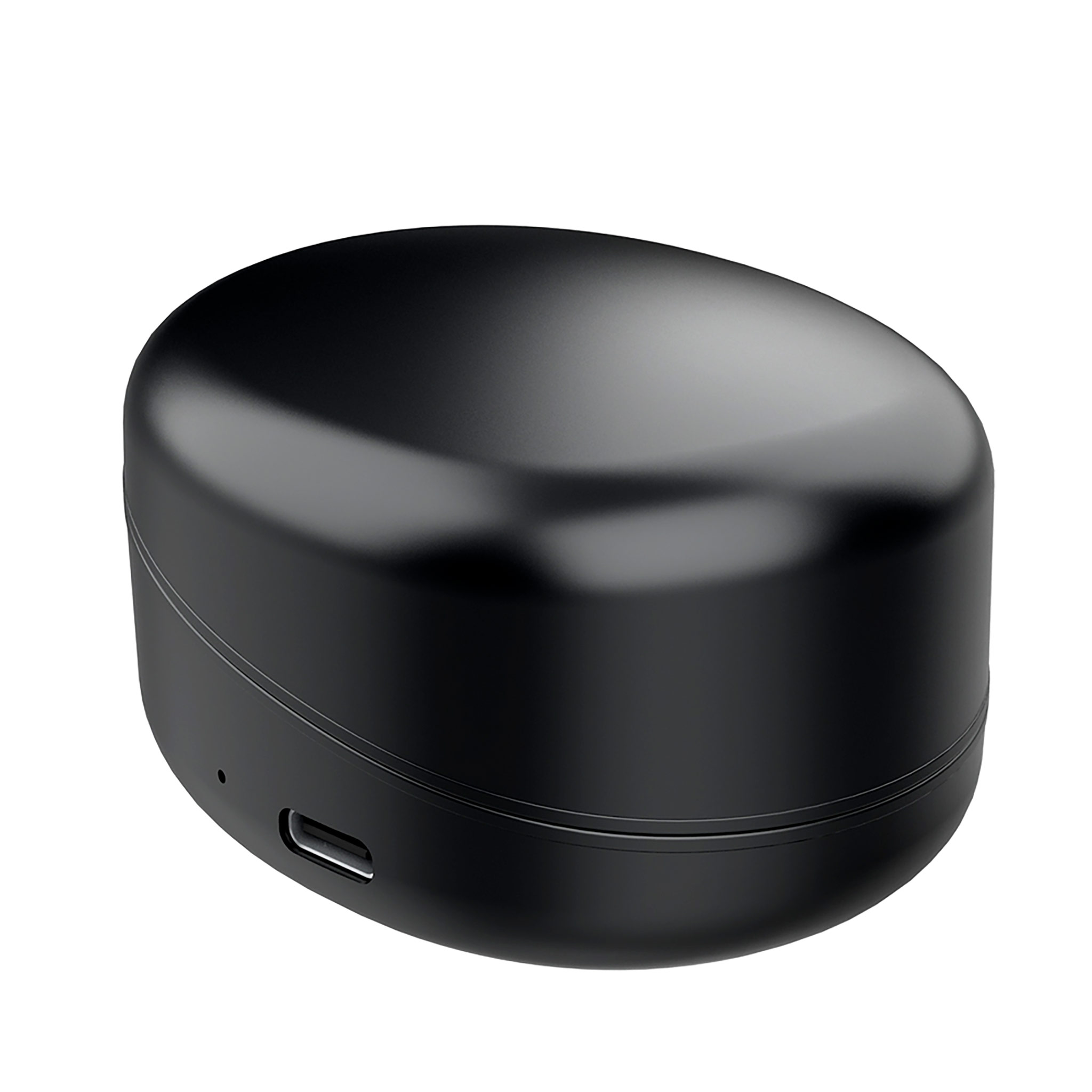Małe, czarne, owalne etui do ładowania bezprzewodowego z portem USB-C widocznym z boku.