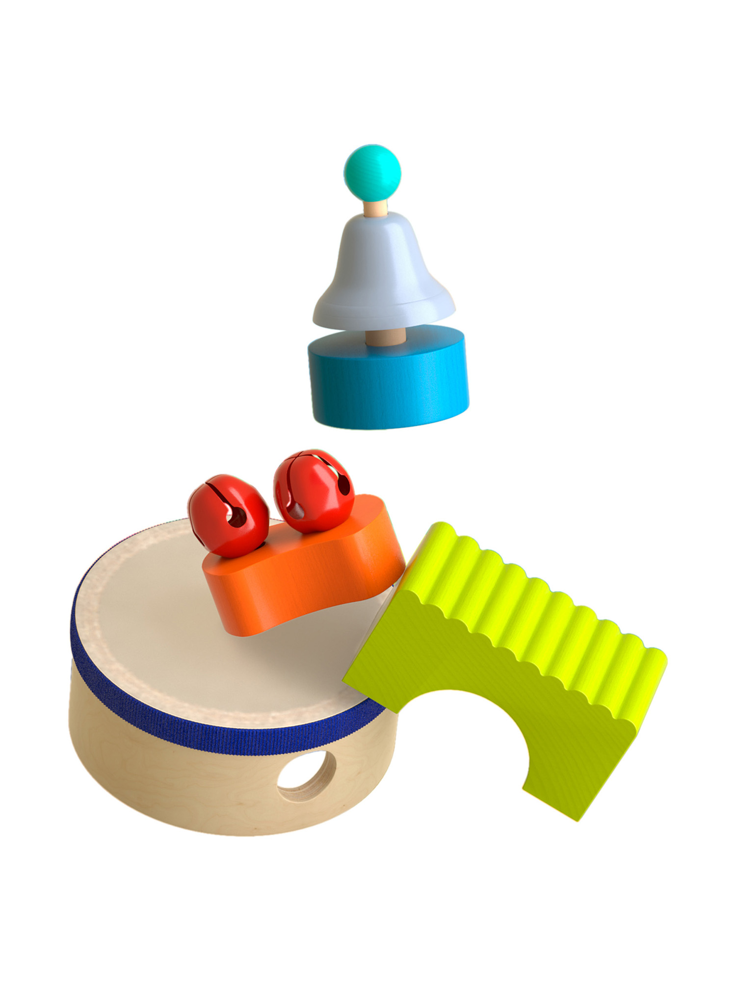Musikinstrumente aus Holzspielzeug. Eine Trommel, eine Glocke und ein Shaker sind sichtbar.