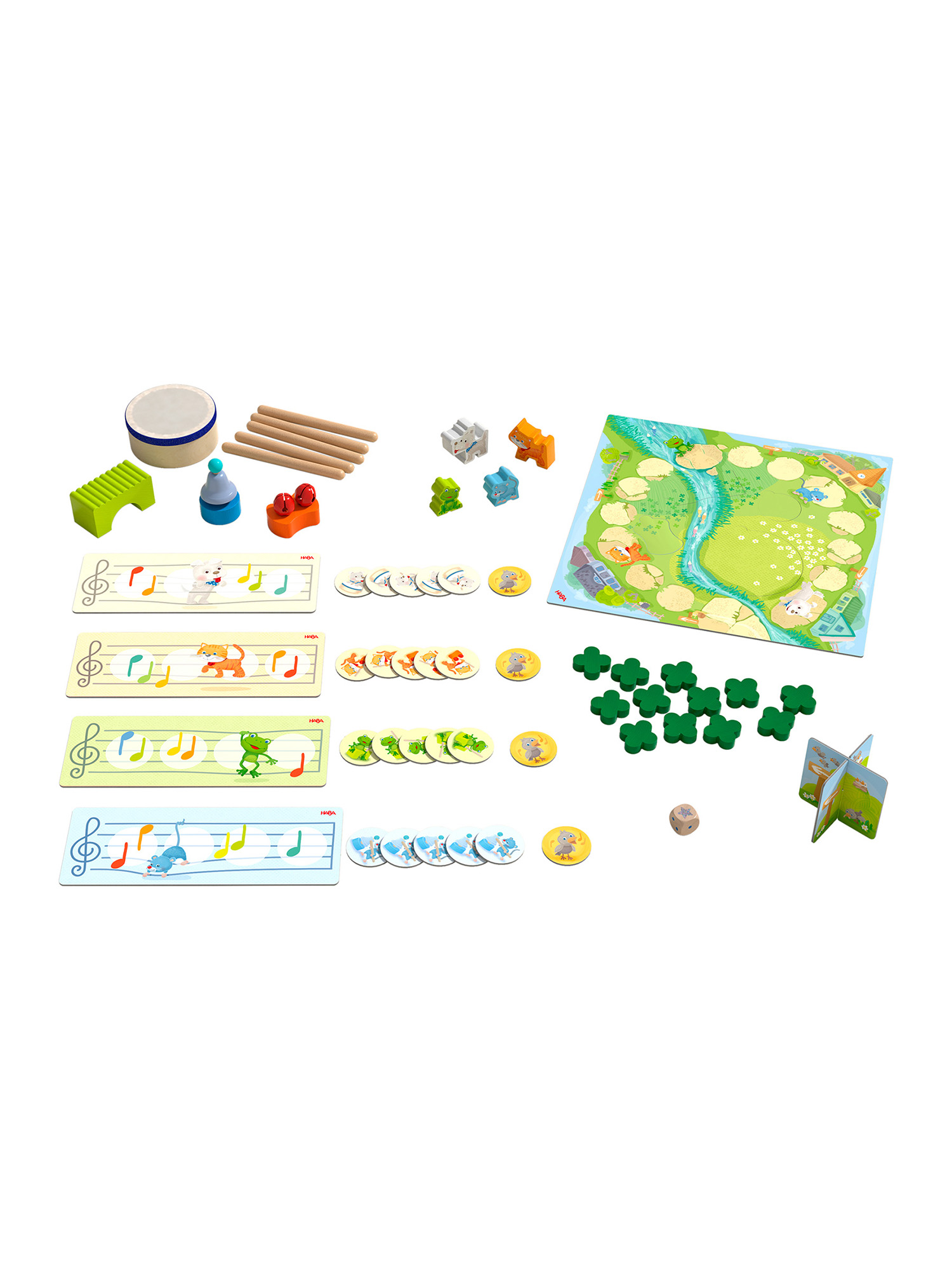 Brettspiel mit Noten und Figuren, Spielsteinen. Weißer Hintergrund.