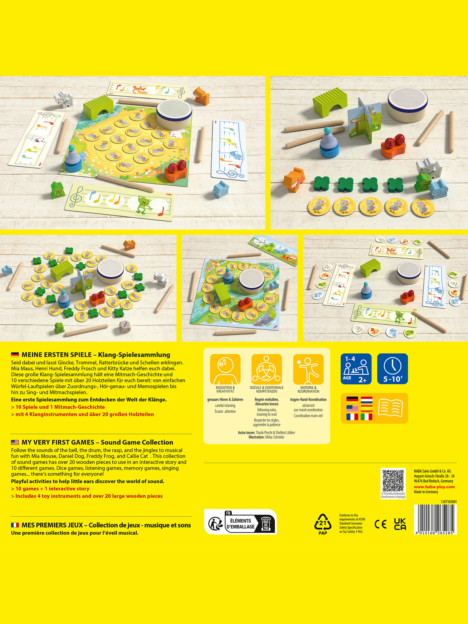 Eine Spielbox mit verschiedenen Spielteilen und Anweisungen. Für Kinder ab 2+.
