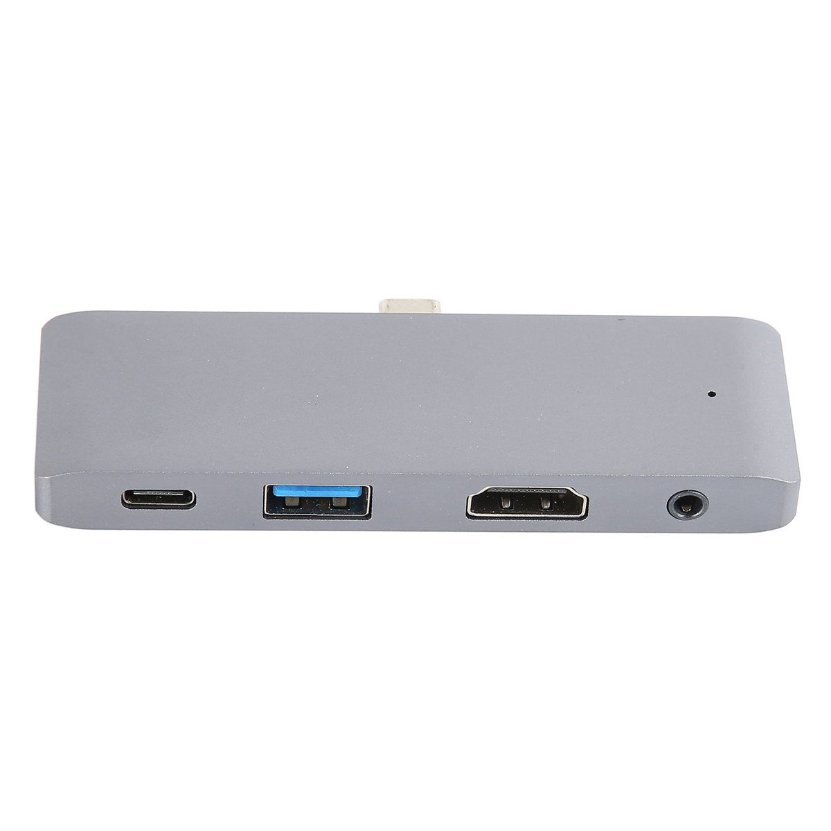 Ein grauer Hub mit mehreren Anschlüssen, darunter USB, HDMI und eine Kopfhörerbuchse.