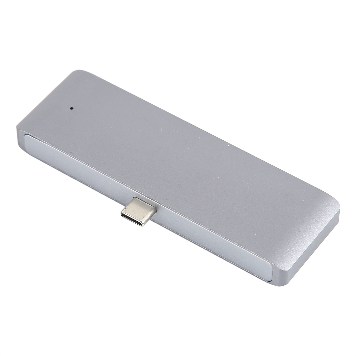 Silberner USB-C-Hub mit einem einzelnen Anschluss auf weißem Hintergrund.
