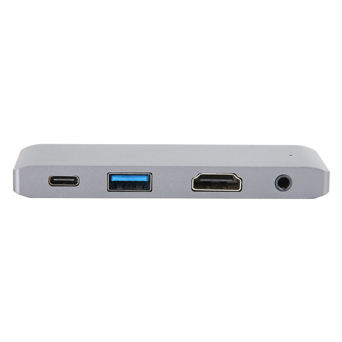 Grauer Hub mit USB-, USB-C-, HDMI- und Audioanschlüssen.