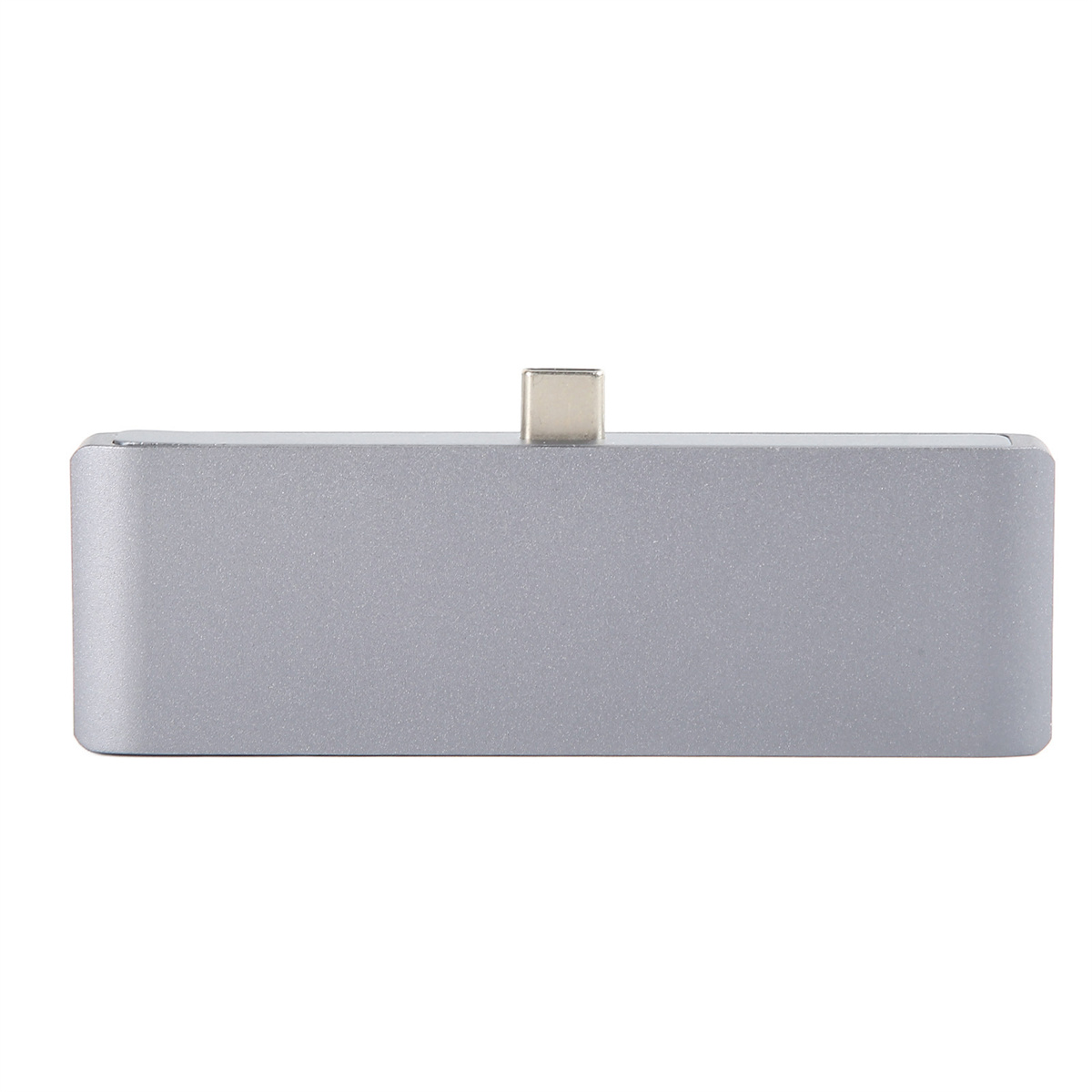 Ein silberner USB-C-Hub mit einem USB-C-Anschluss oben. Der Hub hat eine rechteckige Form.