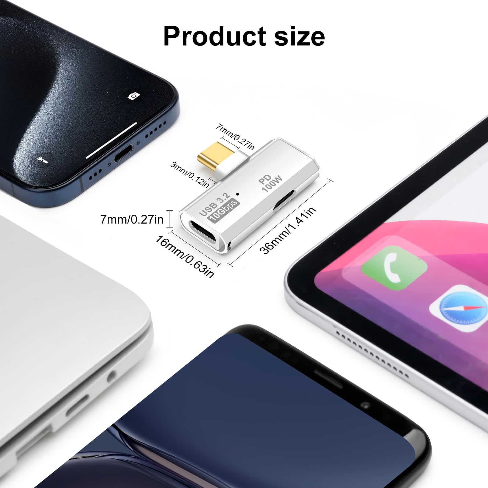 Verschiedene Geräte umgeben einen USB-C-Adapter.