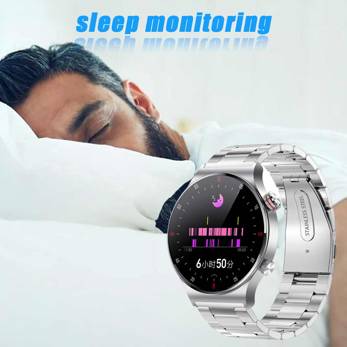 Smartwatch zeigt Schlafdaten neben einem schlafenden Mann, mit zwei Handys, auf Hintergrund.