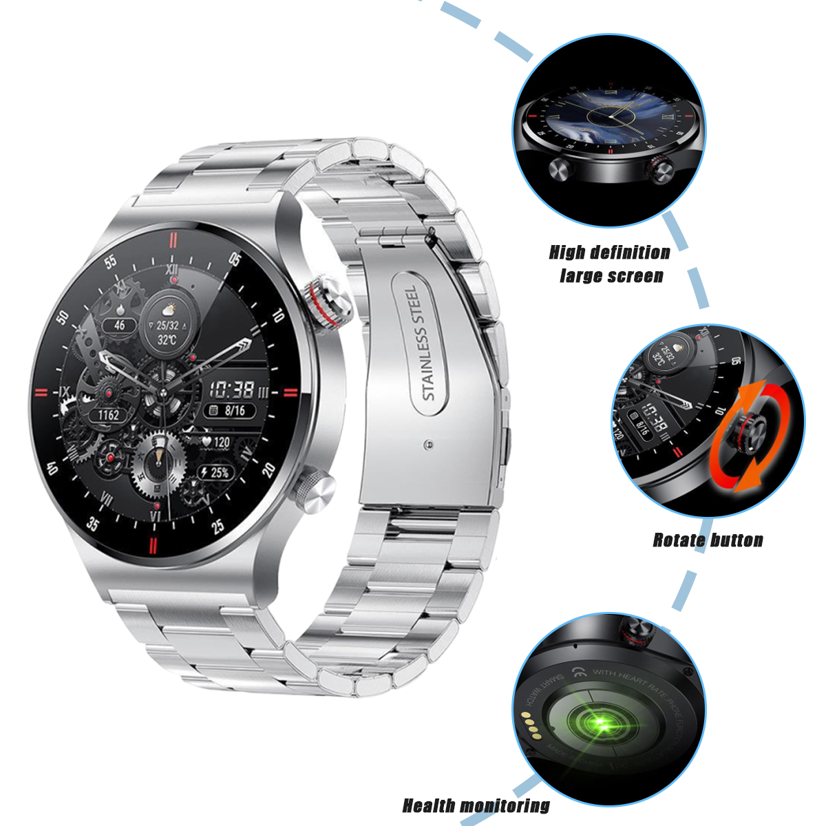 Silberne Smartwatch mit rundem Zifferblatt und Edelstahlarmband. Funktionen: Datum, Uhrzeit, Herzfrequenz, Gesundheitsüberwachung.