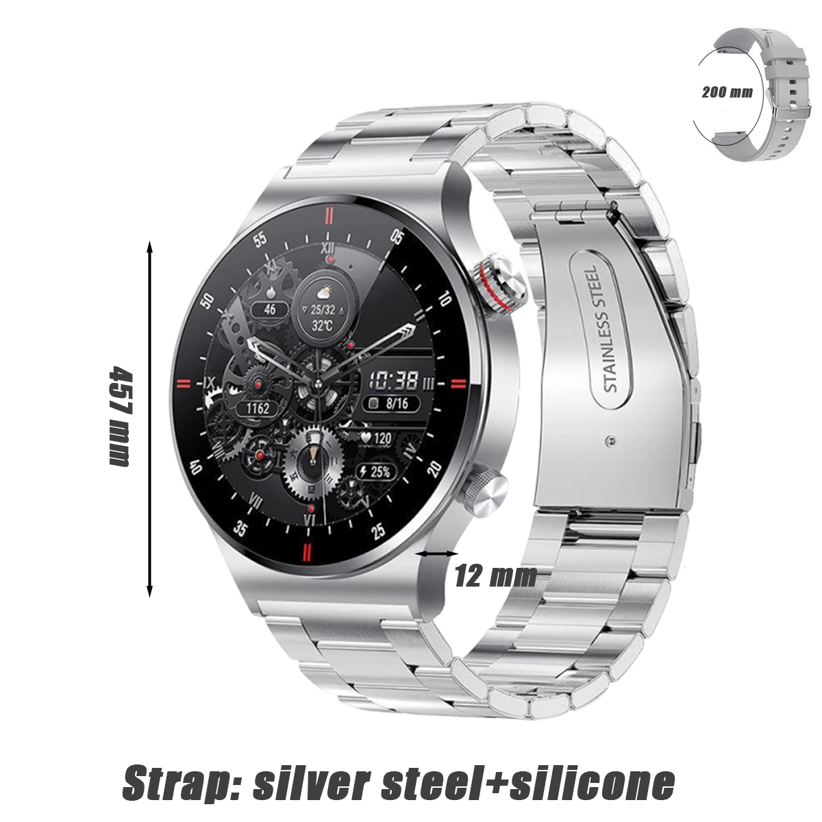 Silberne Smartwatch mit schwarzem Bildschirm, mit Edelstahlarmband, zeigt Datum und Uhrzeit.