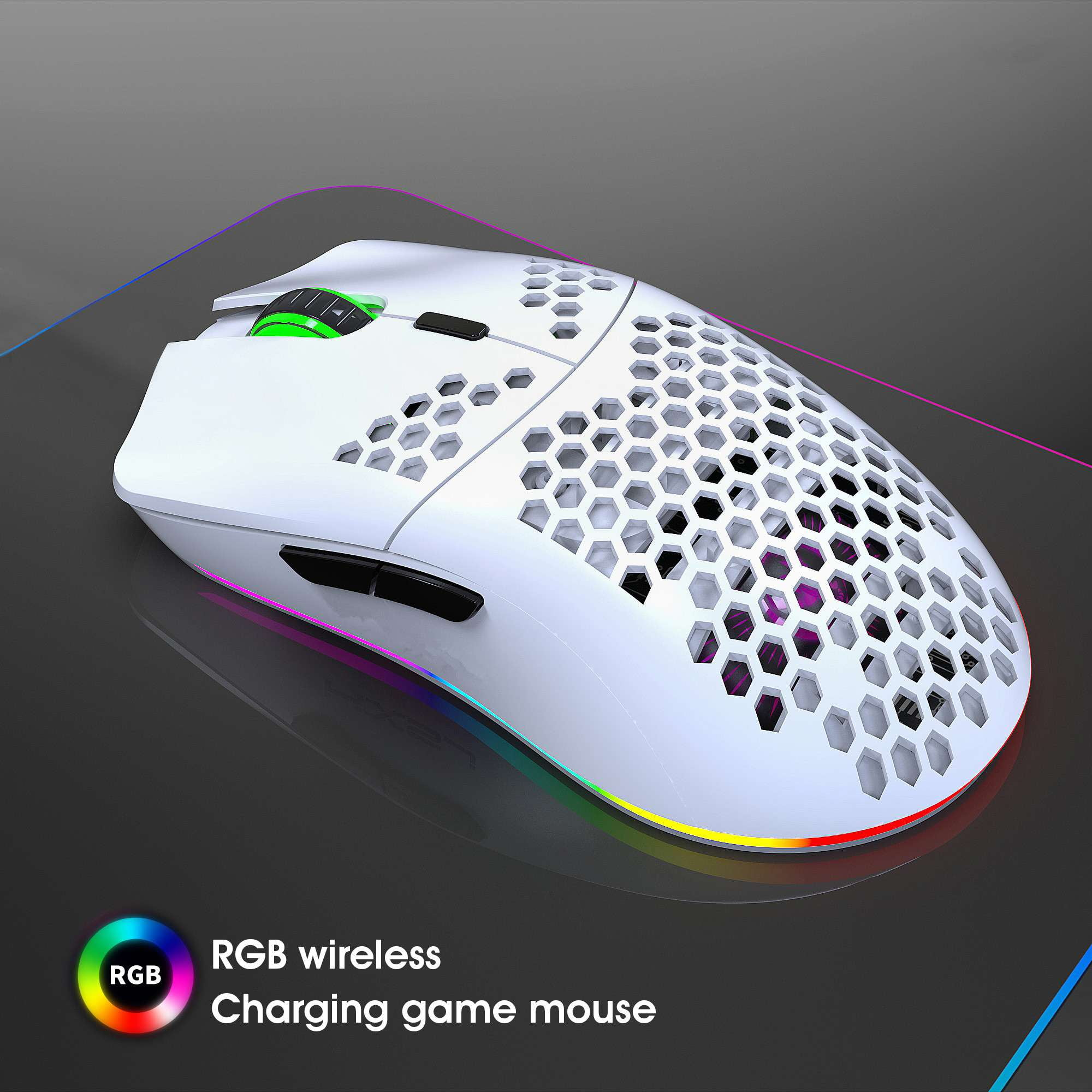 Weiße Gaming-Maus mit Wabenmuster, beleuchtet mit RGB-Lichtern auf dunkler Oberfläche.