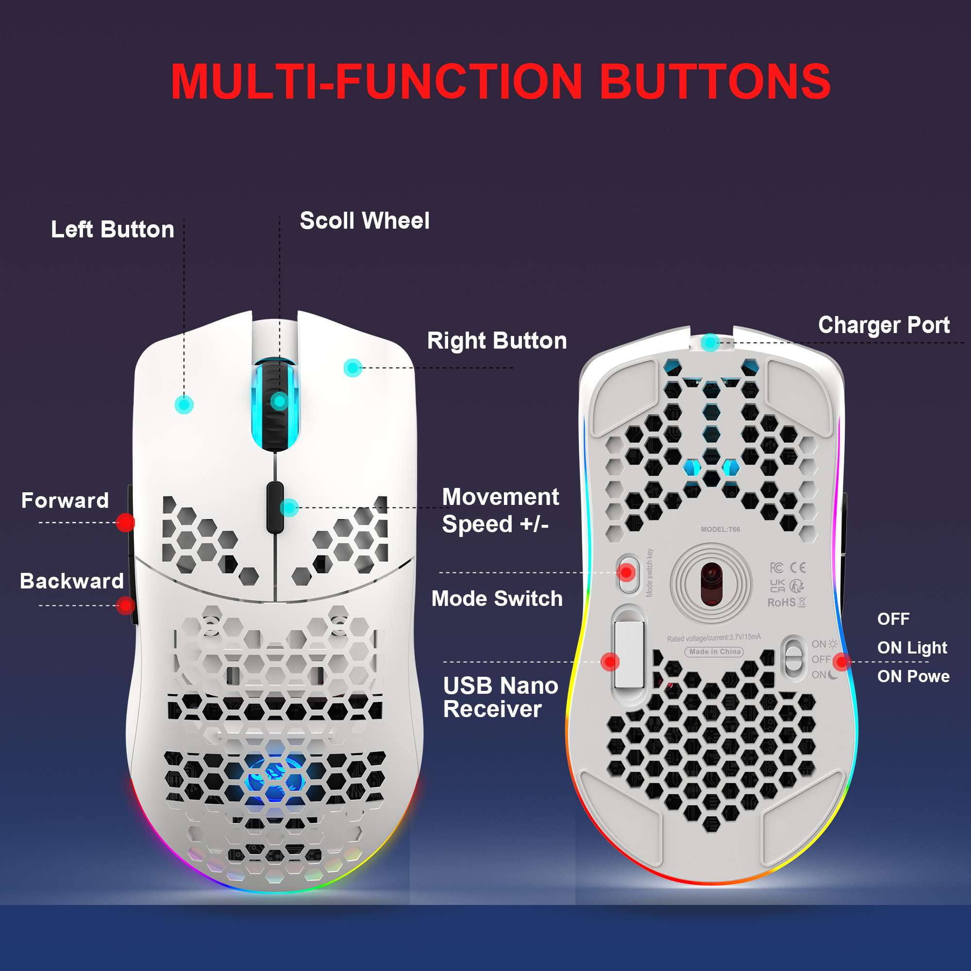 Weiße Gaming-Maus mit Multifunktionstasten. Zeigt die Ober- und Unterseite mit Beschriftungen und Details.