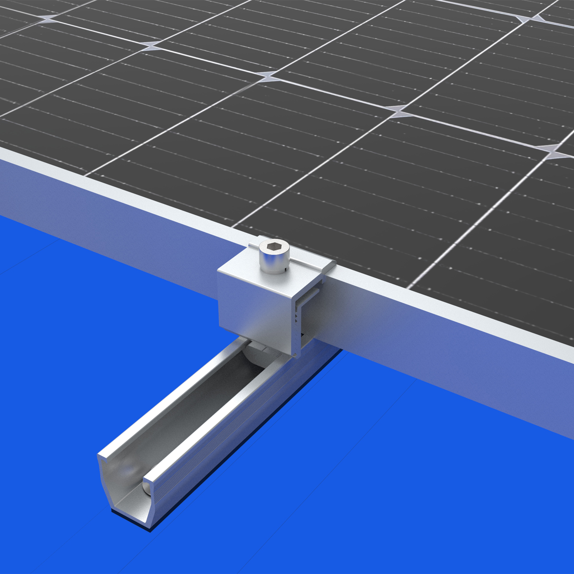 Solarpanel mit silbernem Rahmen, montiert auf einer blauen Oberfläche. Nahaufnahme.