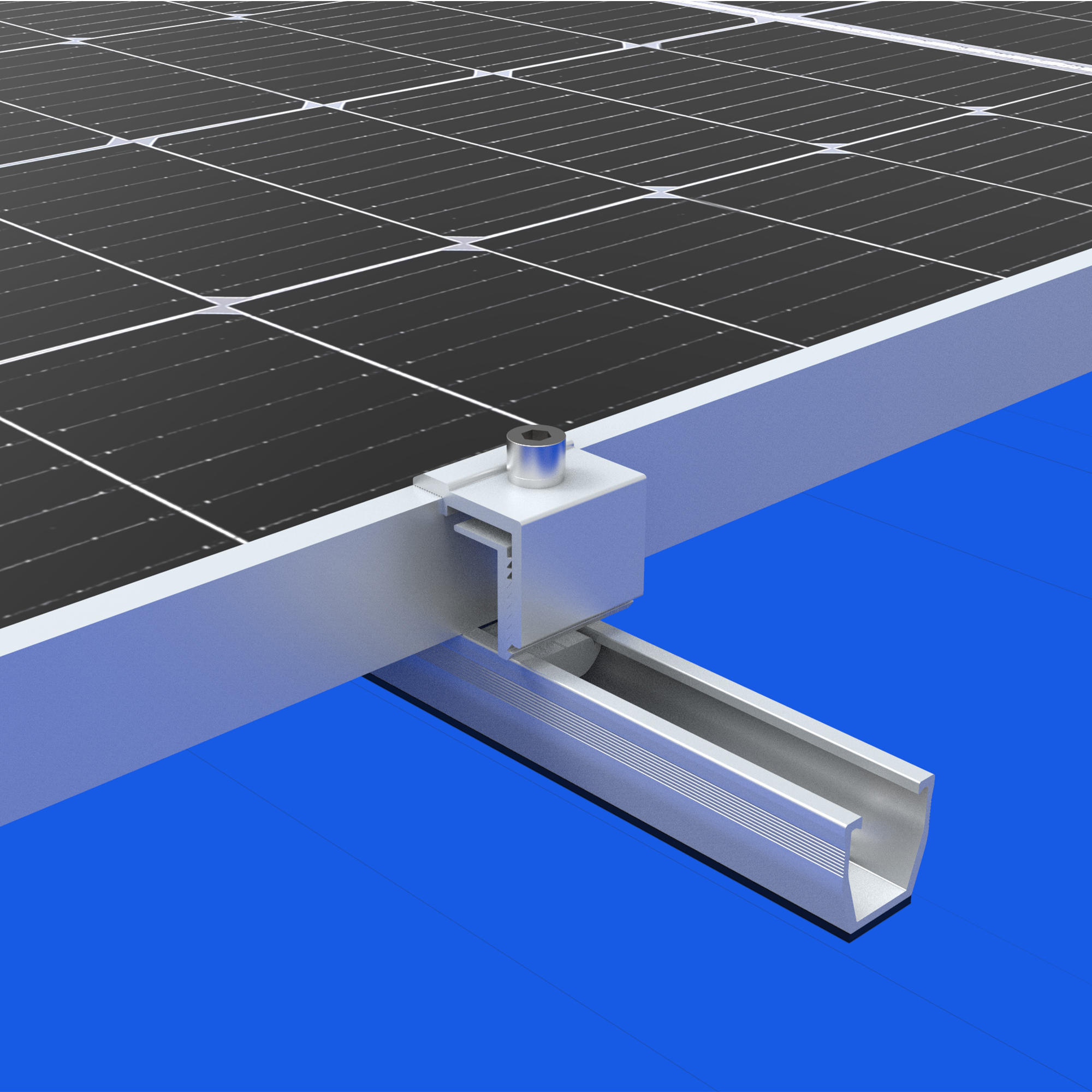 Solarpanel mit silbernem Montagesystem auf blauer Oberfläche.
