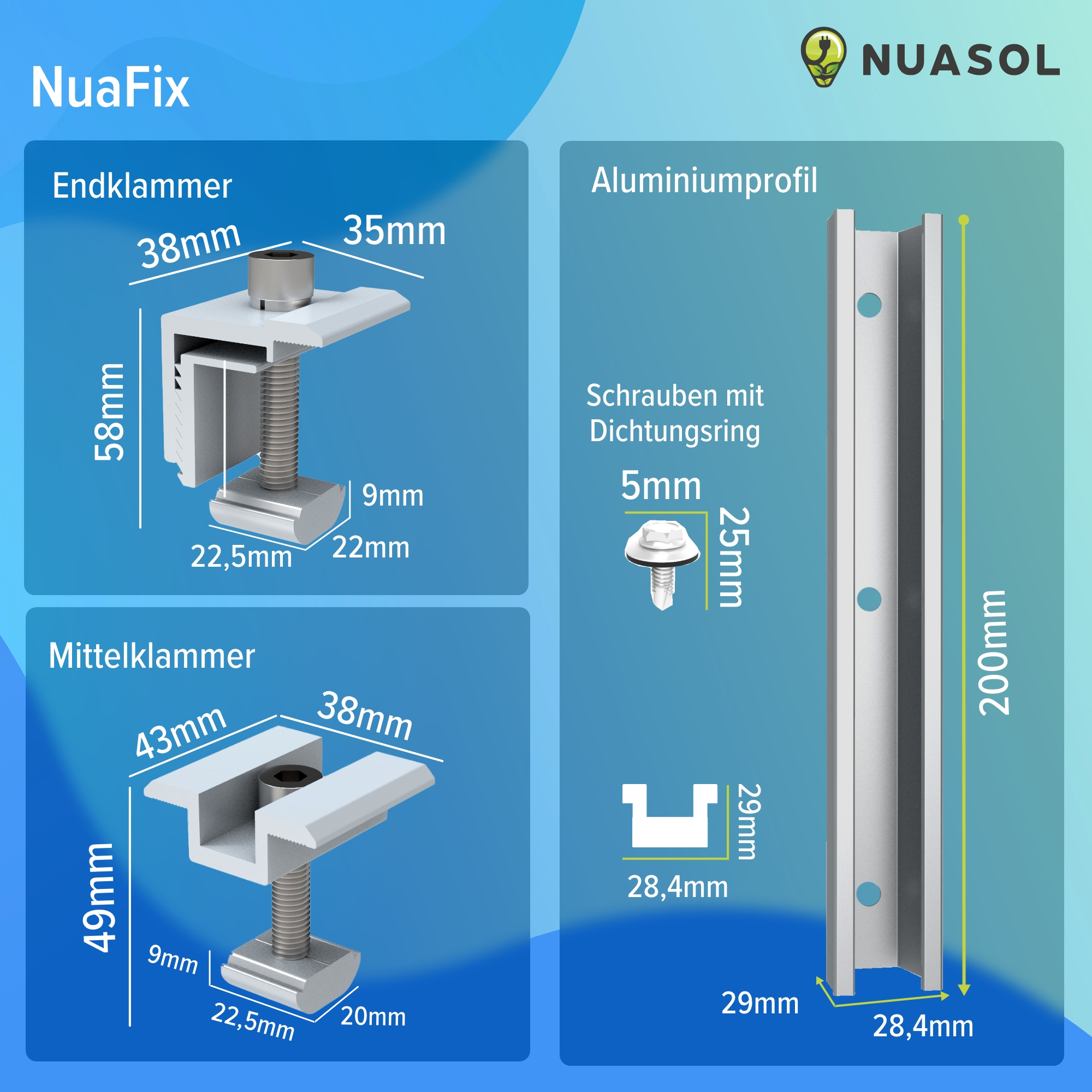 Diagramm mit NuaFix-Komponenten: Endklemme, Mittelklemme und Aluminiumprofil mit Abmessungen.