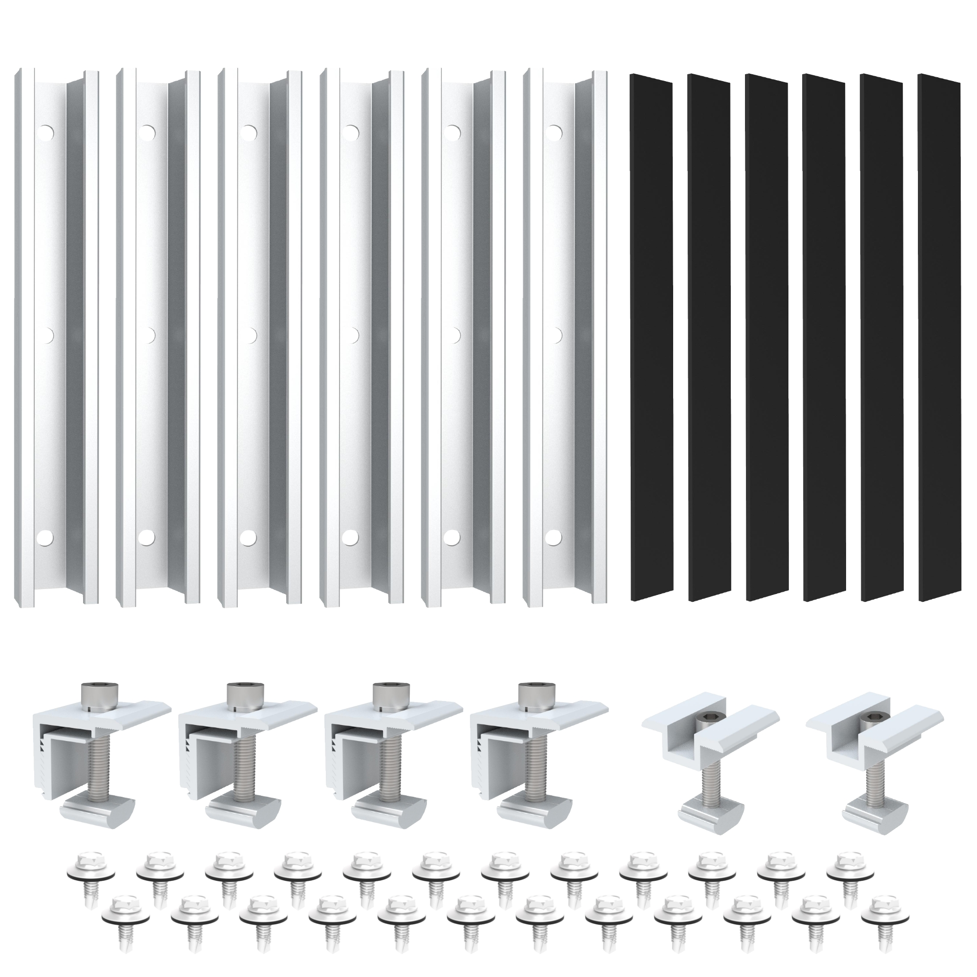 Montagematerial für Solarmodule: Aluminiumschienen, Klemmen und Schrauben.