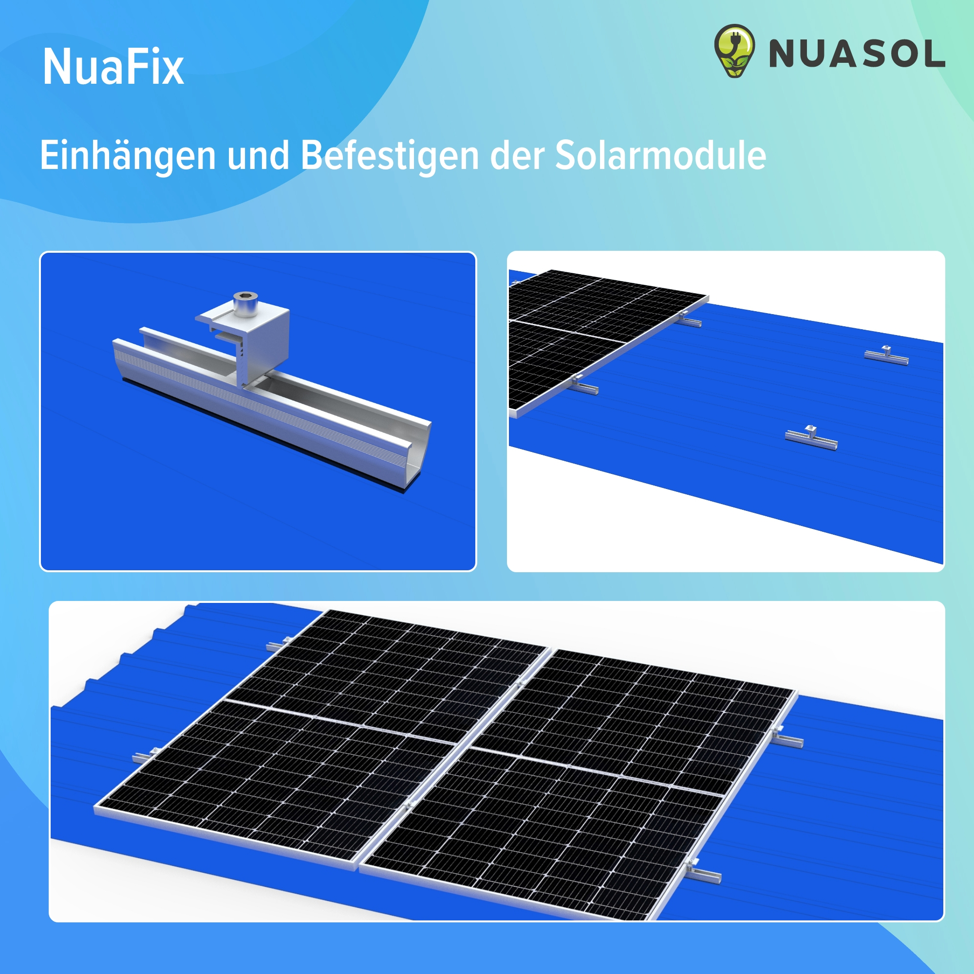 Diagramm der Installation von Solarmodulen auf einem blauen Dach mit dem Logo „NuaFix“.