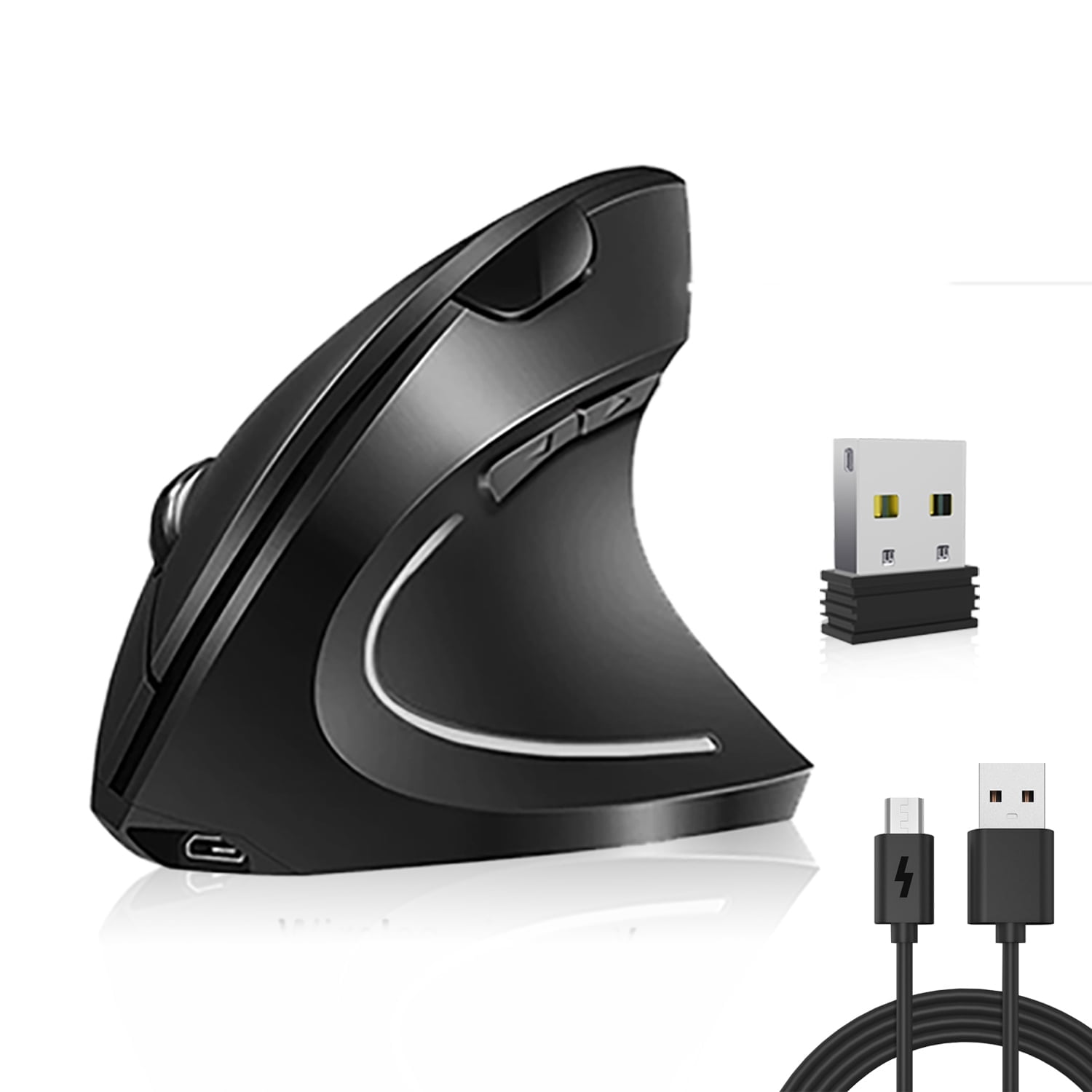 Schwarze ergonomische Maus mit USB-Empfänger und Ladekabeln auf weißem Hintergrund.