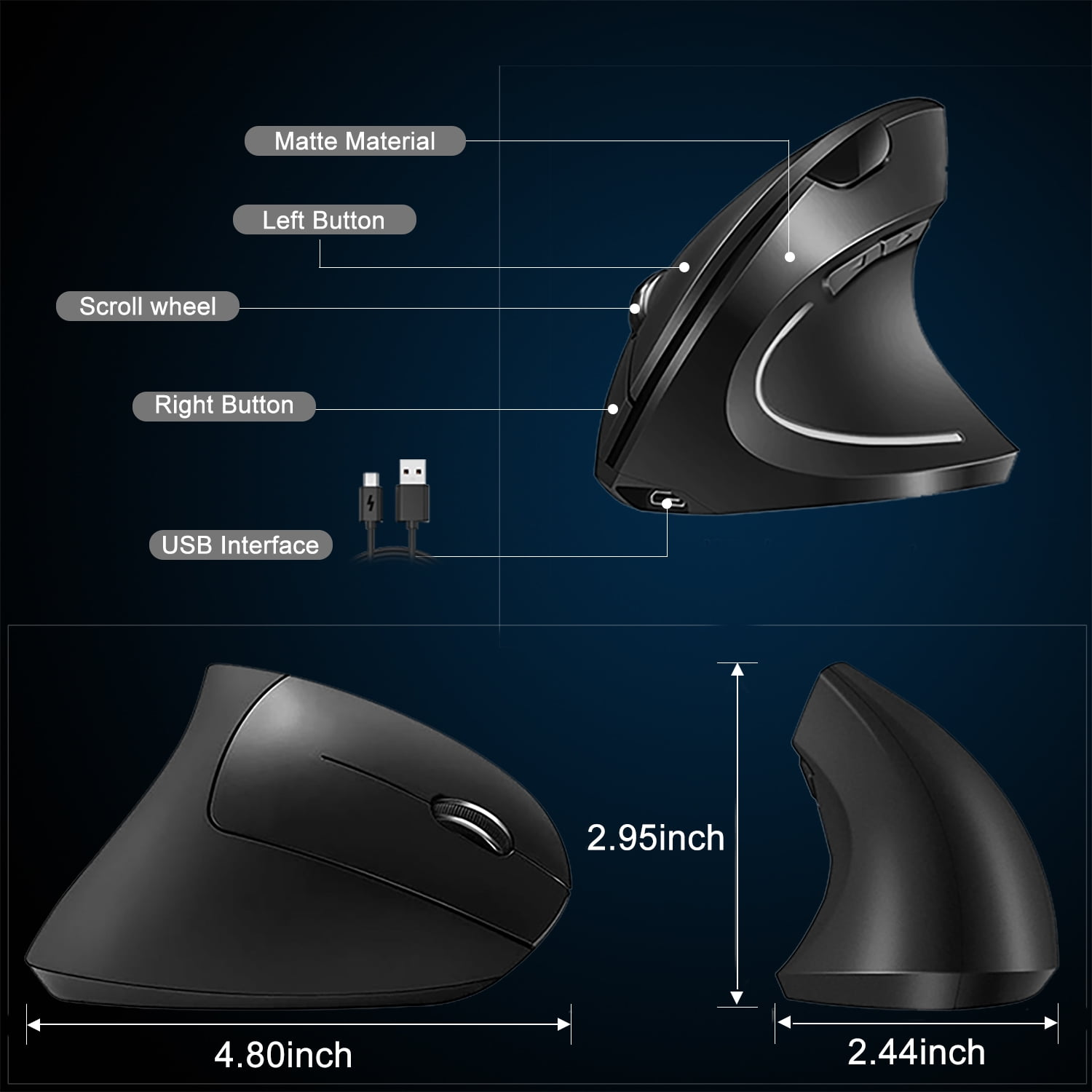 Schwarze ergonomische Maus mit Beschriftungen. Sie hat ein Scrollrad, linke und rechte Tasten sowie eine USB-Schnittstelle.