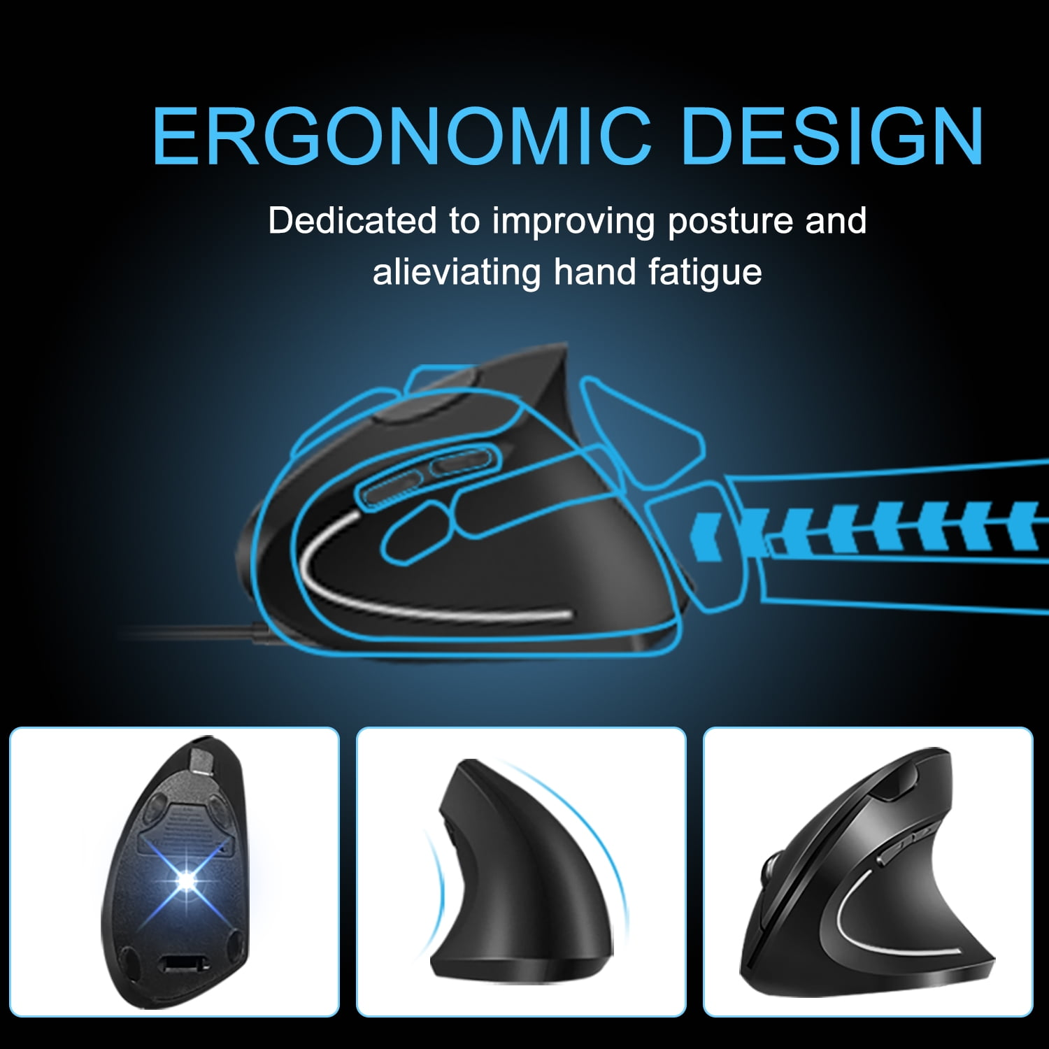 Schwarze ergonomische Maus mit blauem Umriss, drei Ansichten. Text: Ergonomisches Design.