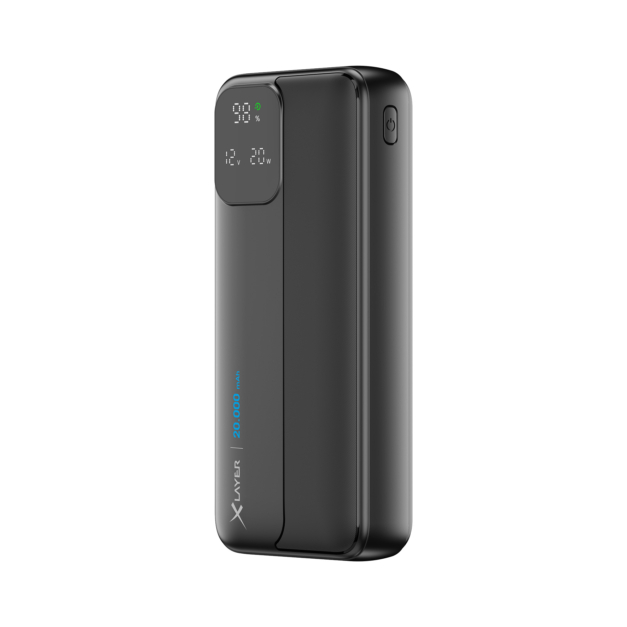 Schwarze Powerbank mit Display, das Akkustand und Spannung anzeigt.