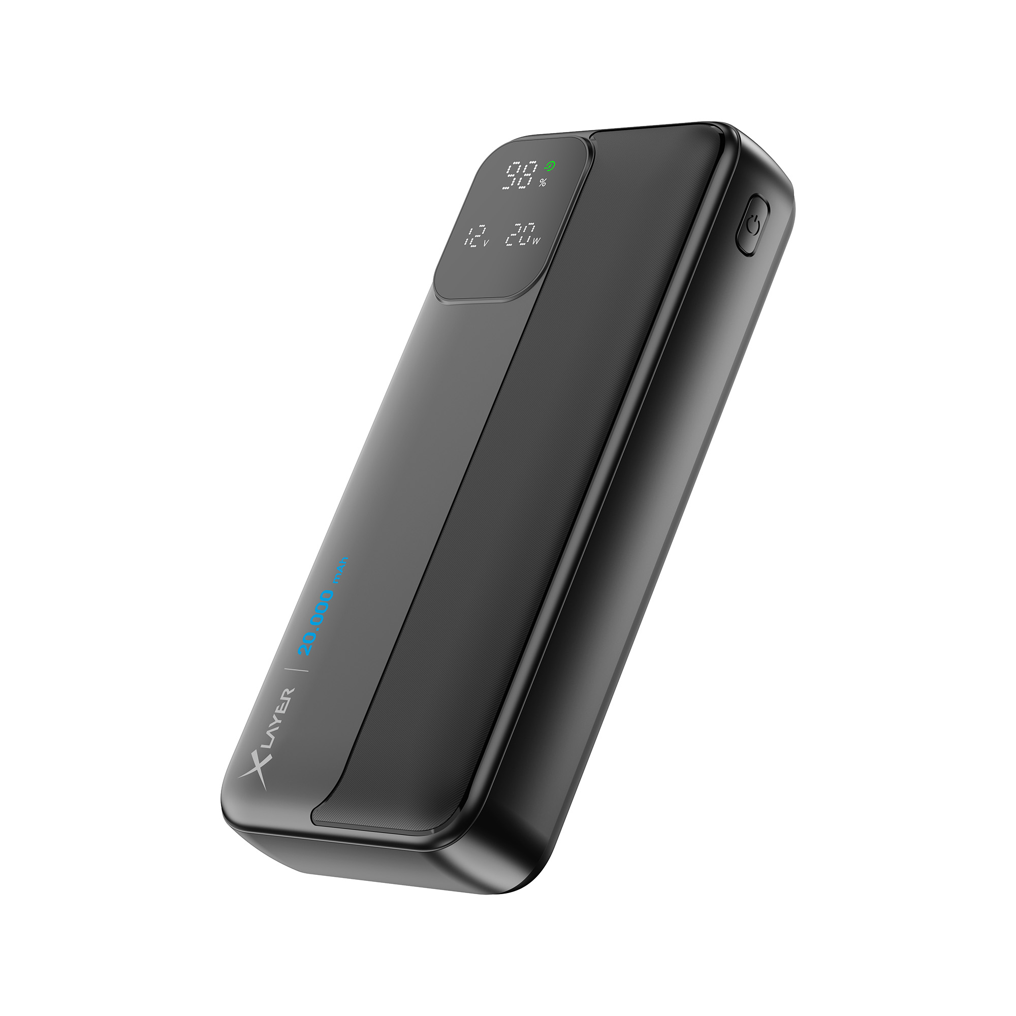 Schwarze Powerbank mit Display, das den Akkuladestand und eine Einschalttaste zeigt.