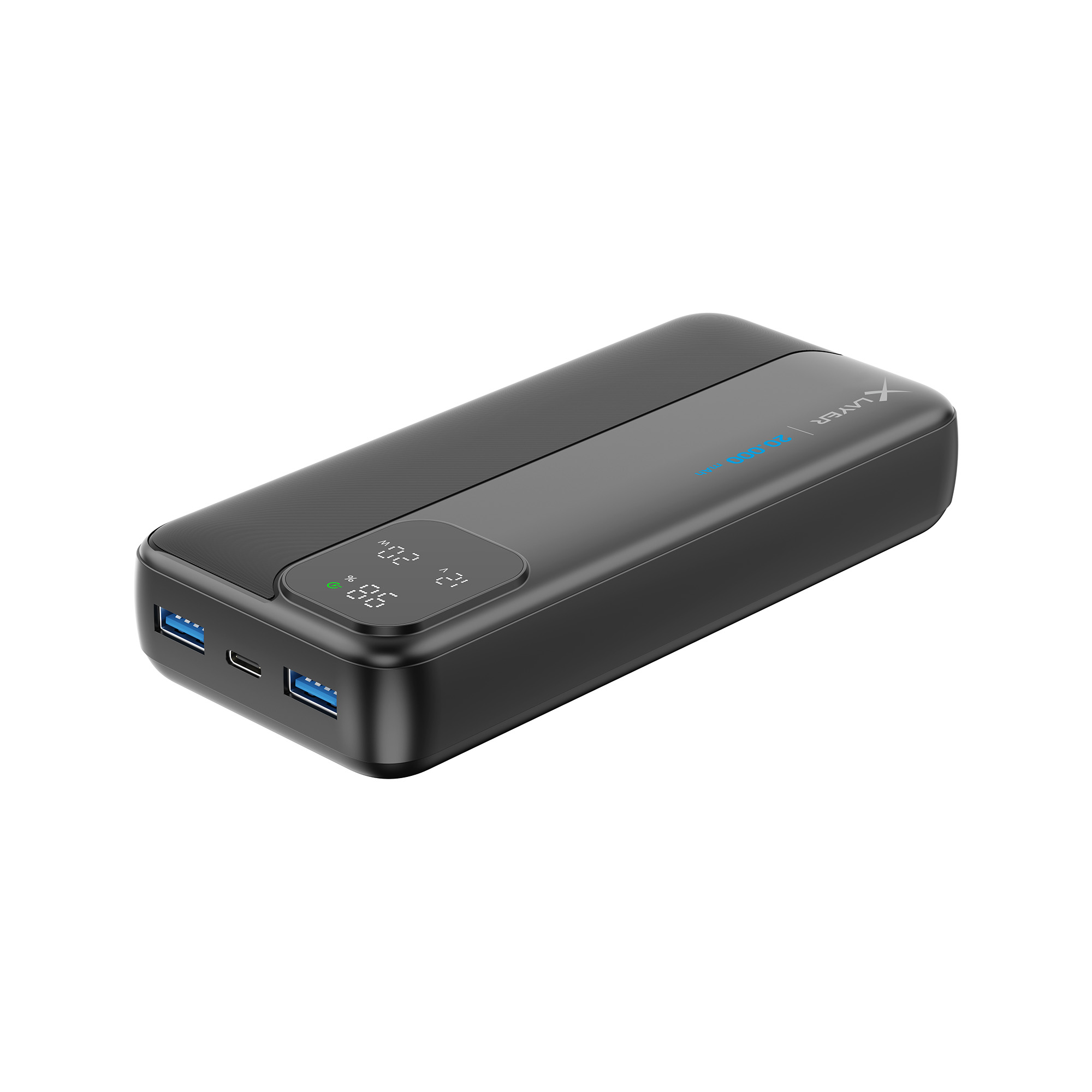 Schwarze Powerbank mit Bildschirm, der den Akku anzeigt. USB-Anschlüsse. Isoliert auf weißem Hintergrund.