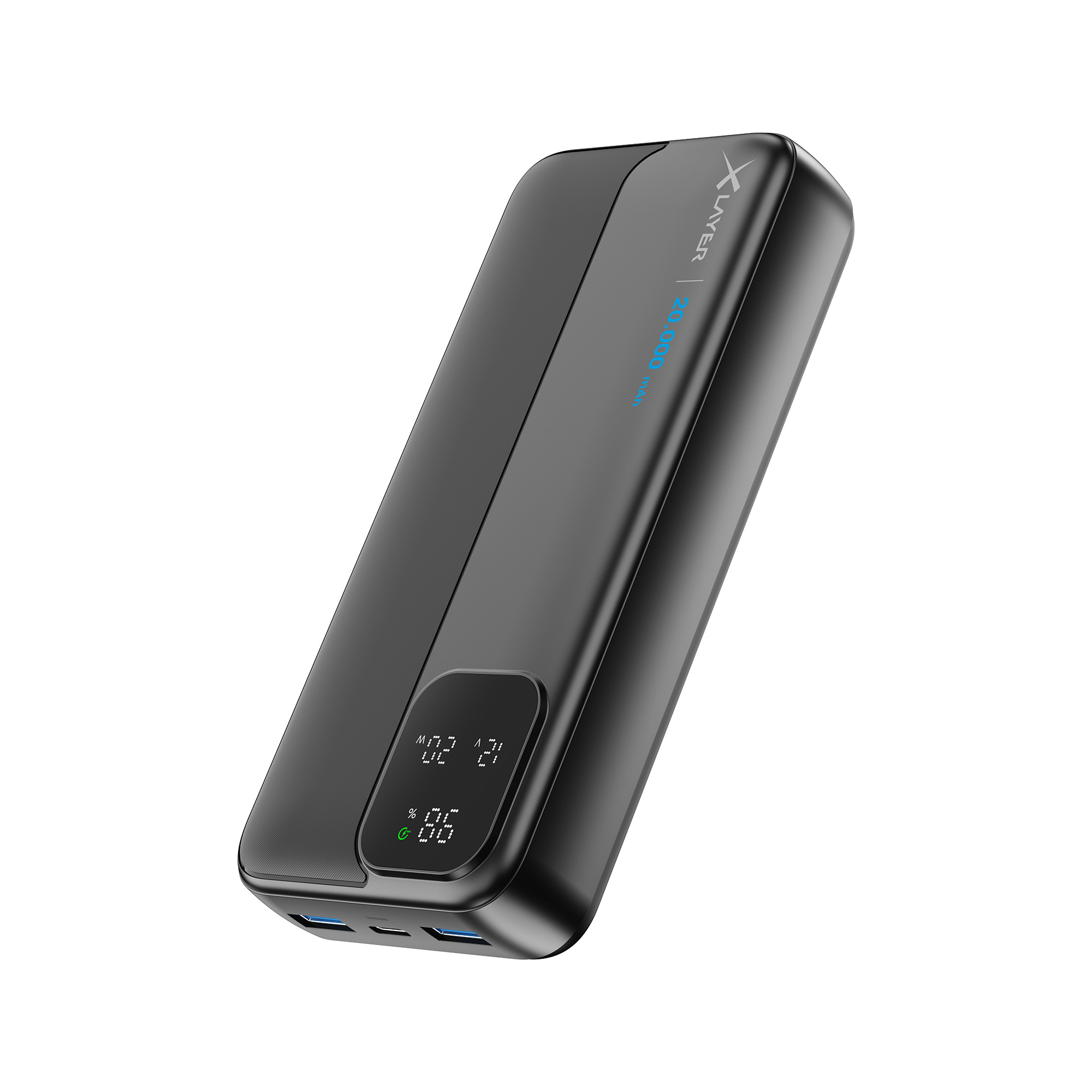 Schwarze Powerbank mit Anzeige des Akkustands. USB-Anschlüsse unten.