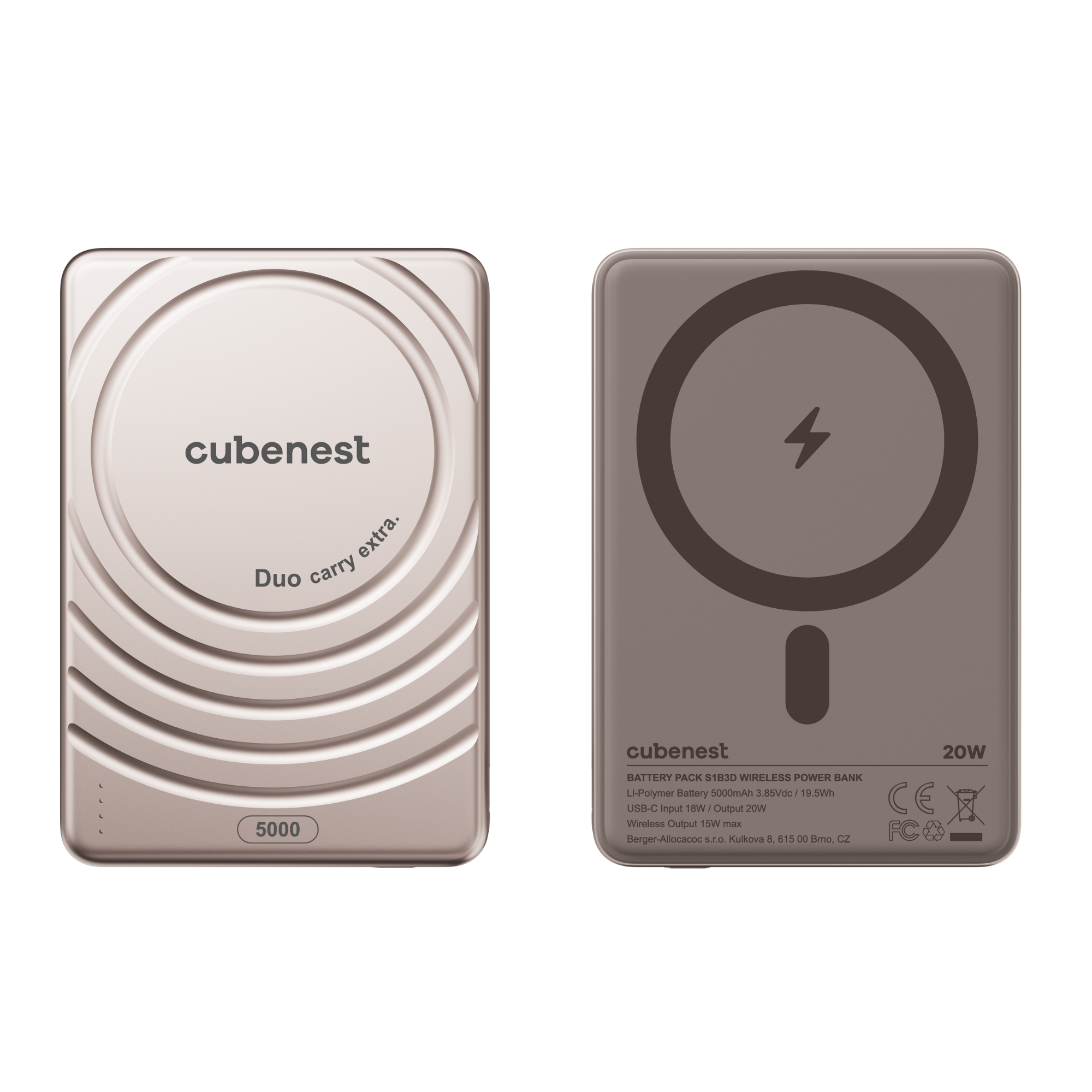 Zwei Powerbanks. Einer ist weiß, mit 'cubenest' darauf. Der andere ist grau, mit einem Blitzsymbol.