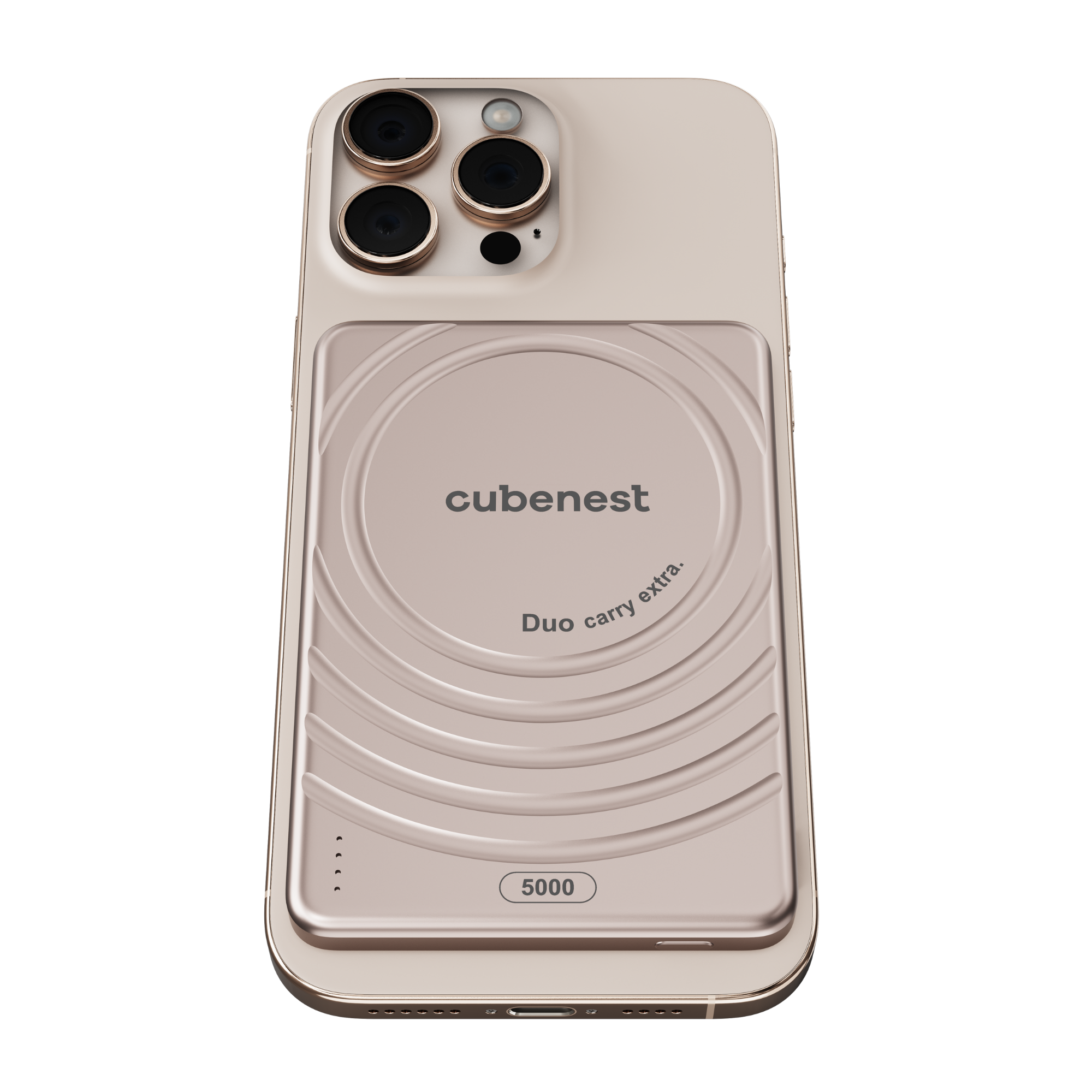 Goldenes Telefon mit Kartenhalter hinten. Verfügt über drei Kameralinsen und eine Powerbank.