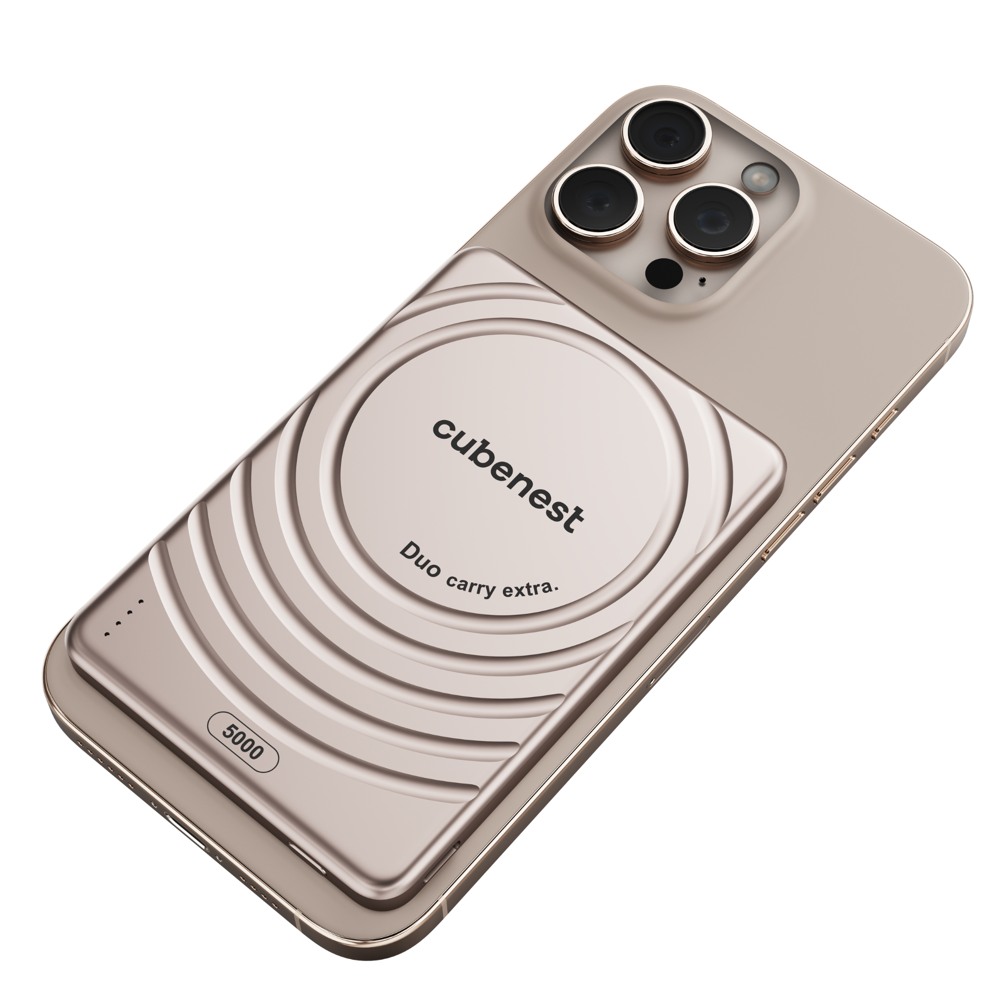 Beiges iPhone mit einem kreisförmigen Ladegerät. Das Ladegerät hat ein weißes Cubenest-Logo.
