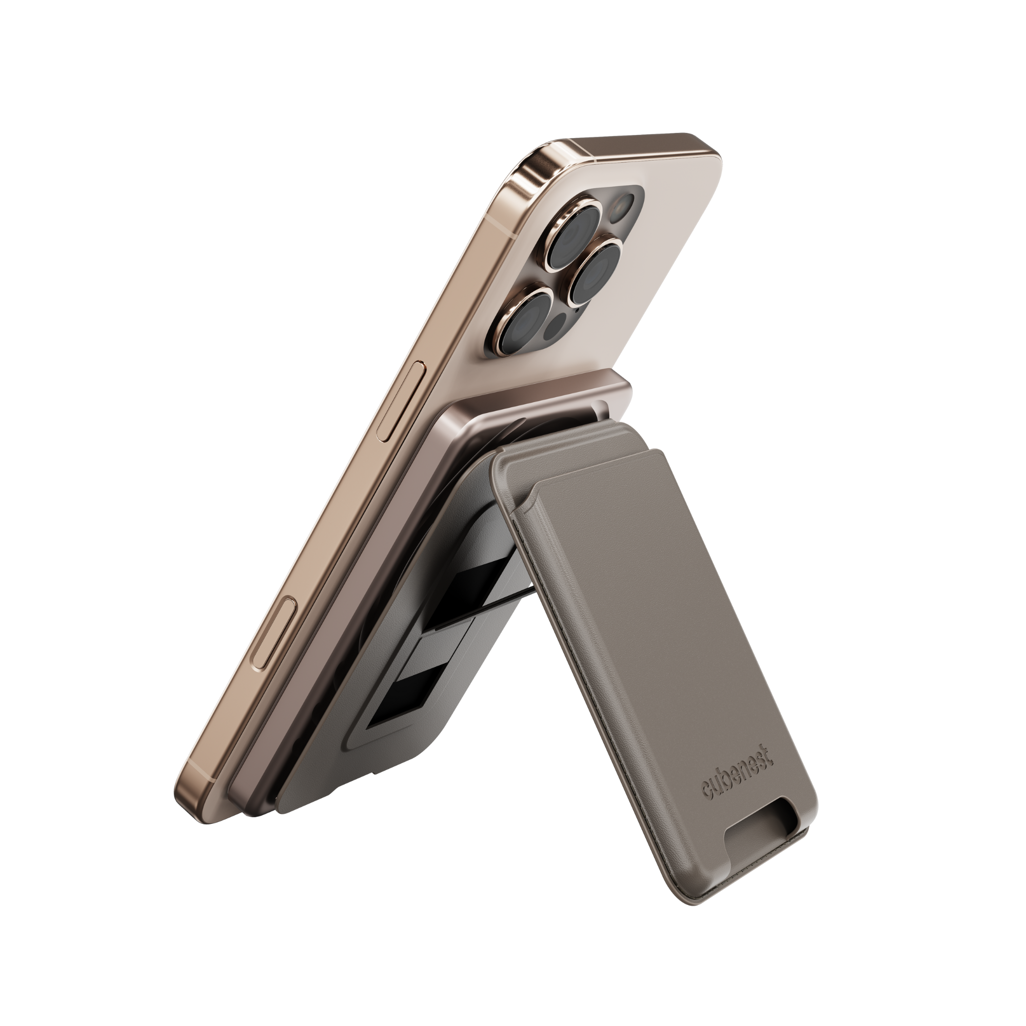 Goldenes Telefon in einem grauen Telefonständer. Der Ständer ist abgewinkelt, um das Telefon hochzuhalten.