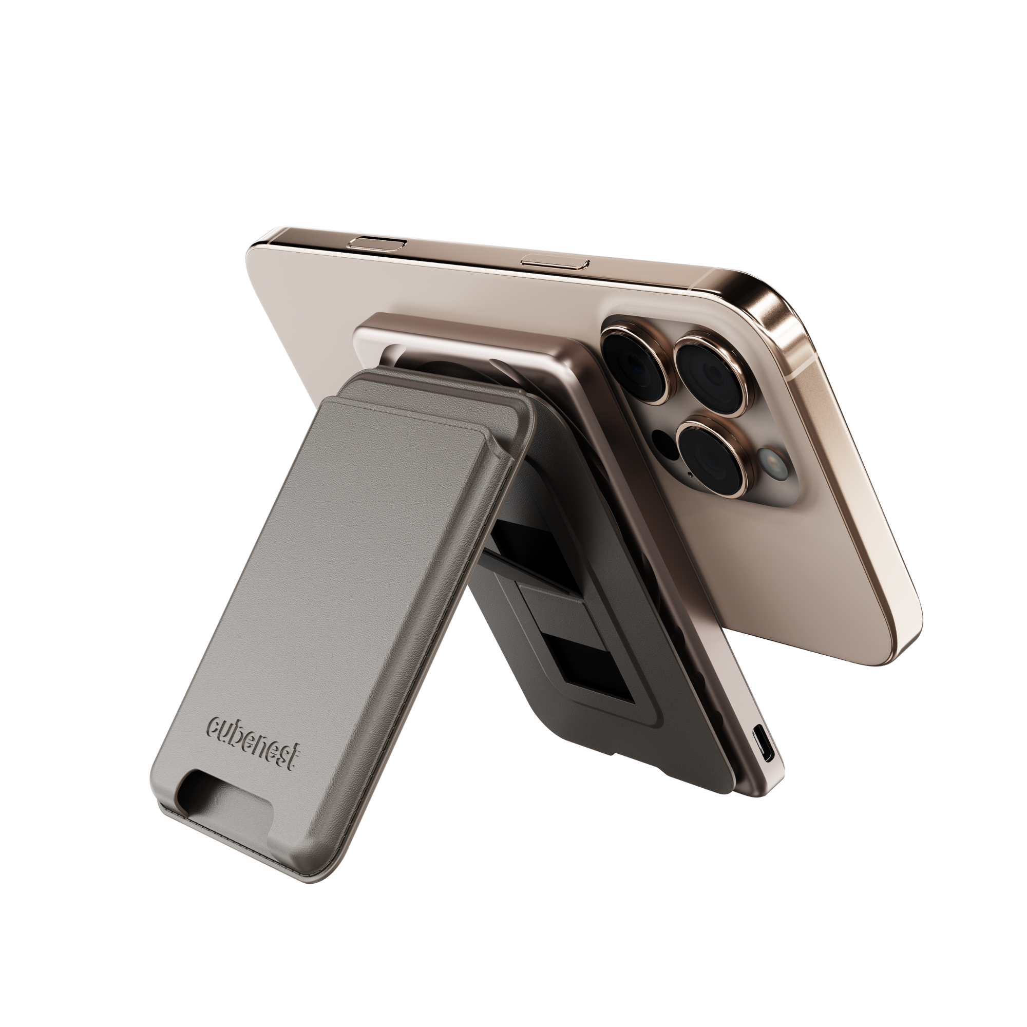 Ein Smartphone mit einem grauen Ständer. Das Telefon ist goldfarben, der Ständer grau.