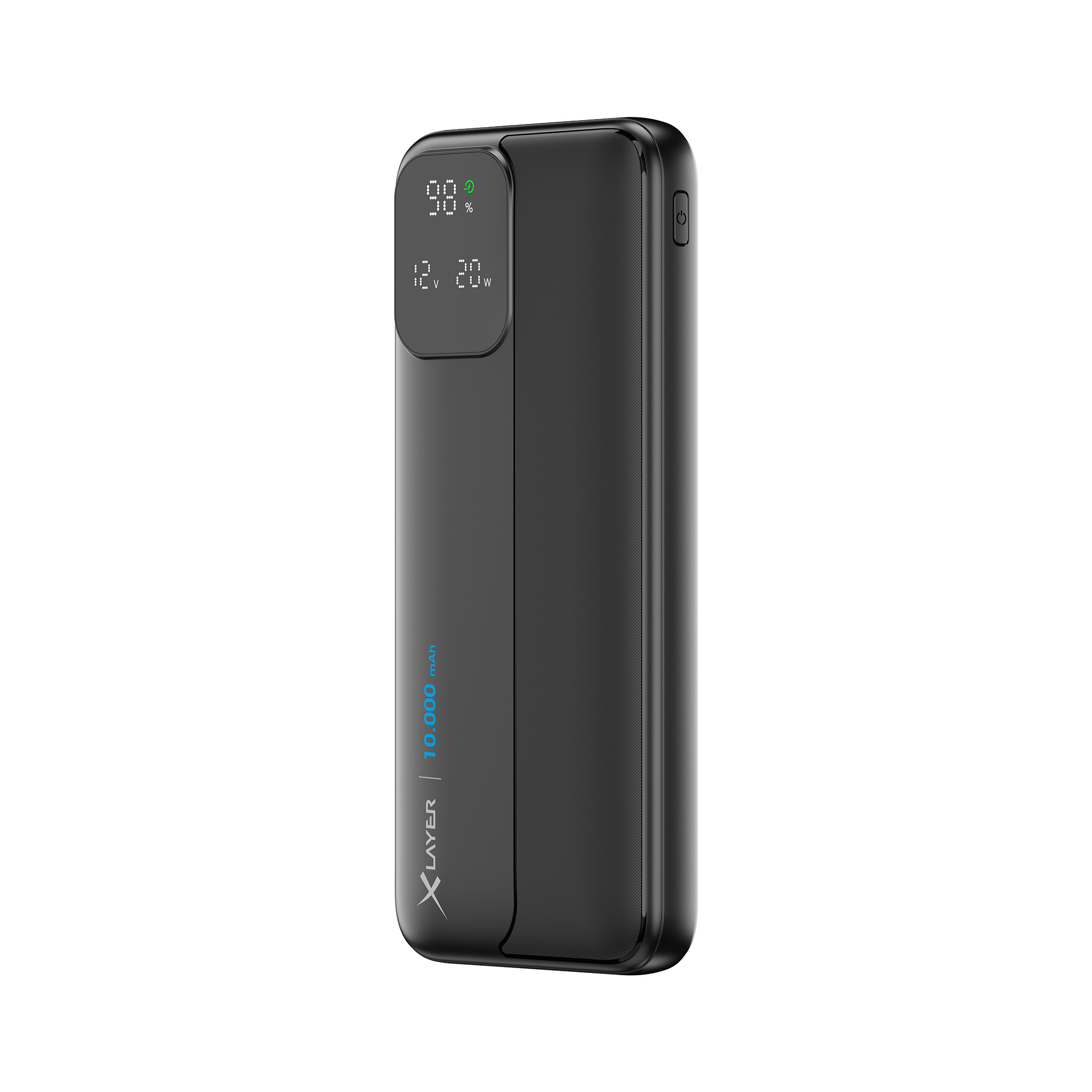 Eine schwarze Powerbank mit einem Bildschirm, der Akku und Spannung anzeigt. Die Marke Xlayer ist sichtbar.