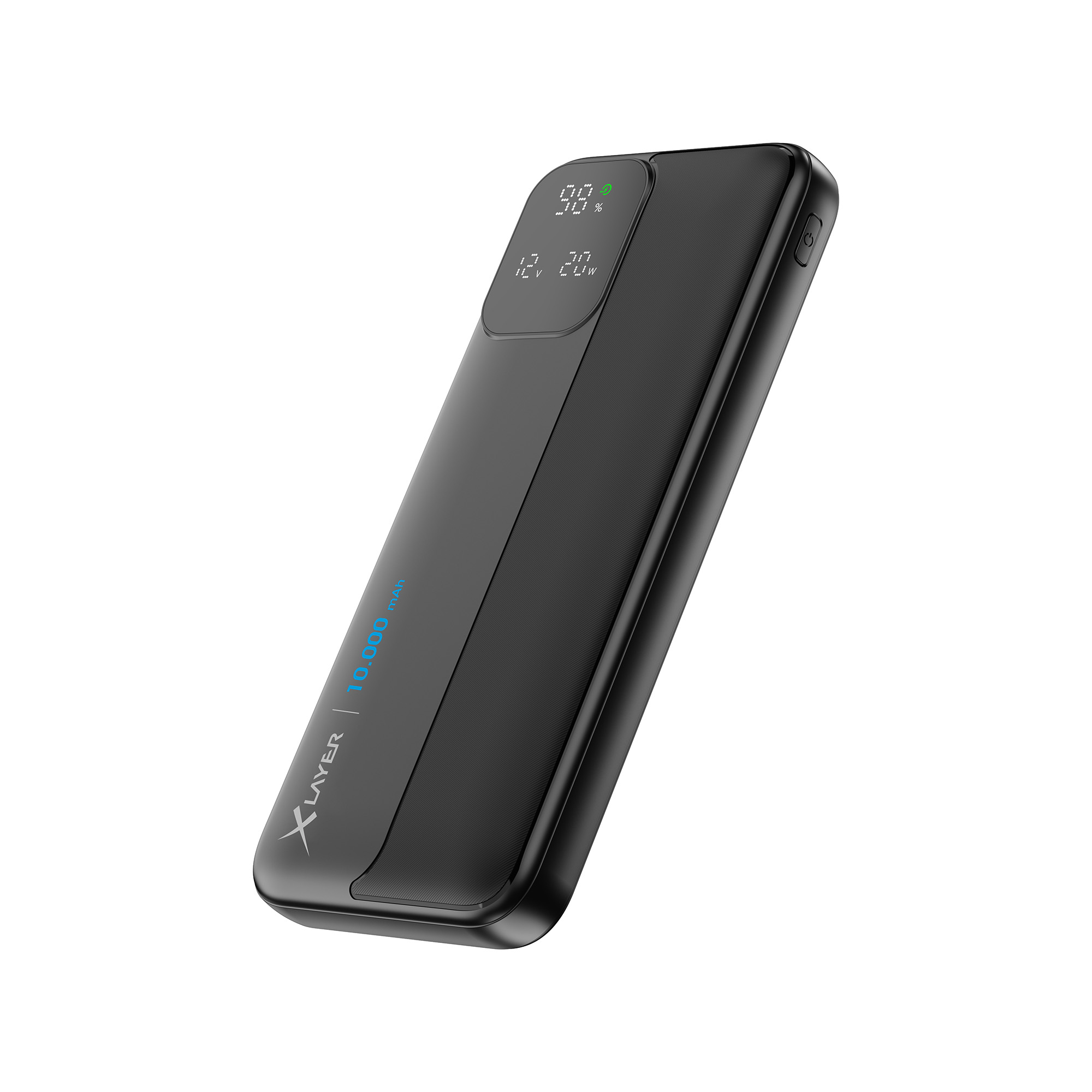 Schwarze Powerbank mit Display, das Akkustand und Spannung zeigt, mit der Marke 'XLAYER'.
